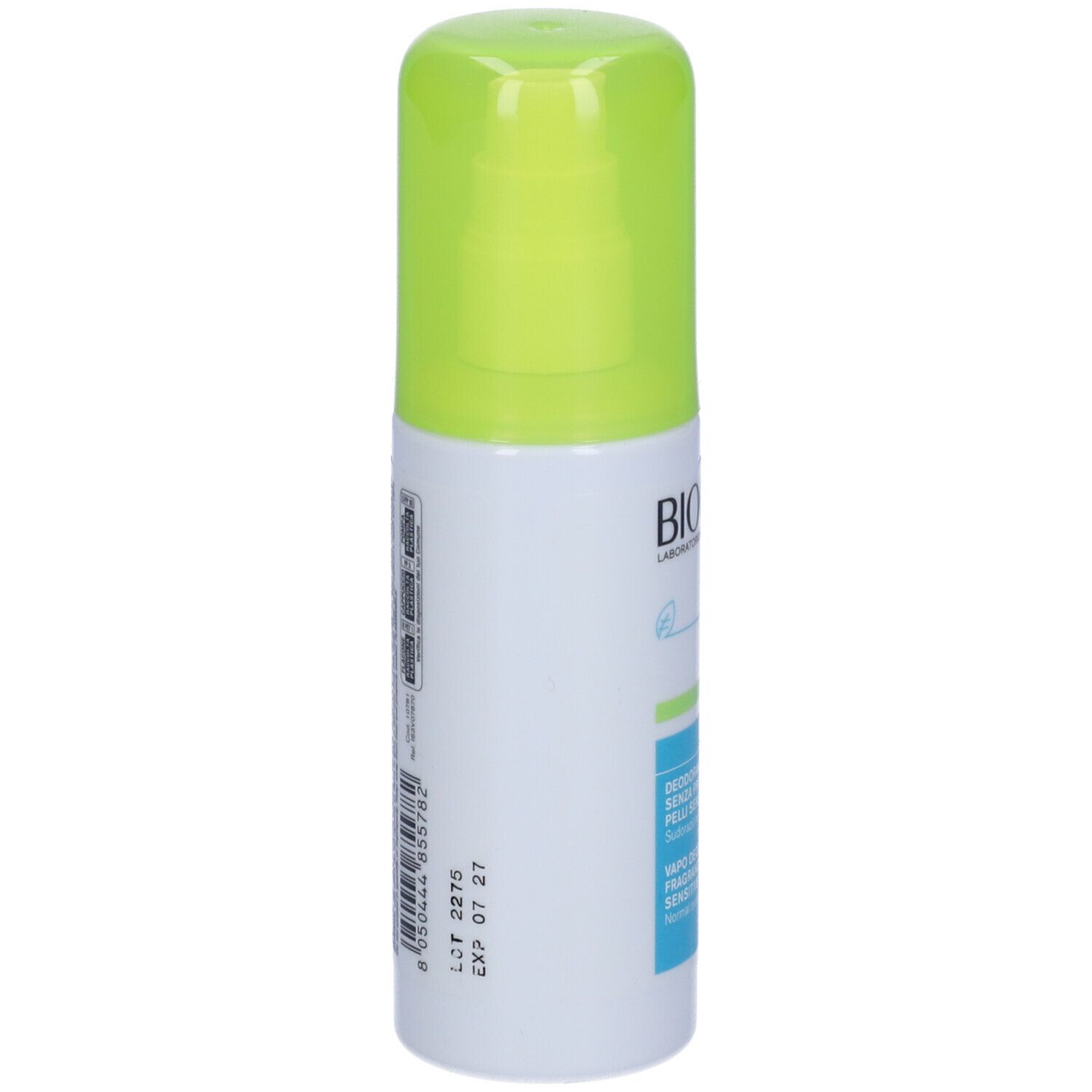 Dos du spray déodorant. Code-barres, numéro de lot et date d'expiration visibles. Récipient blanc avec bouchon vert.