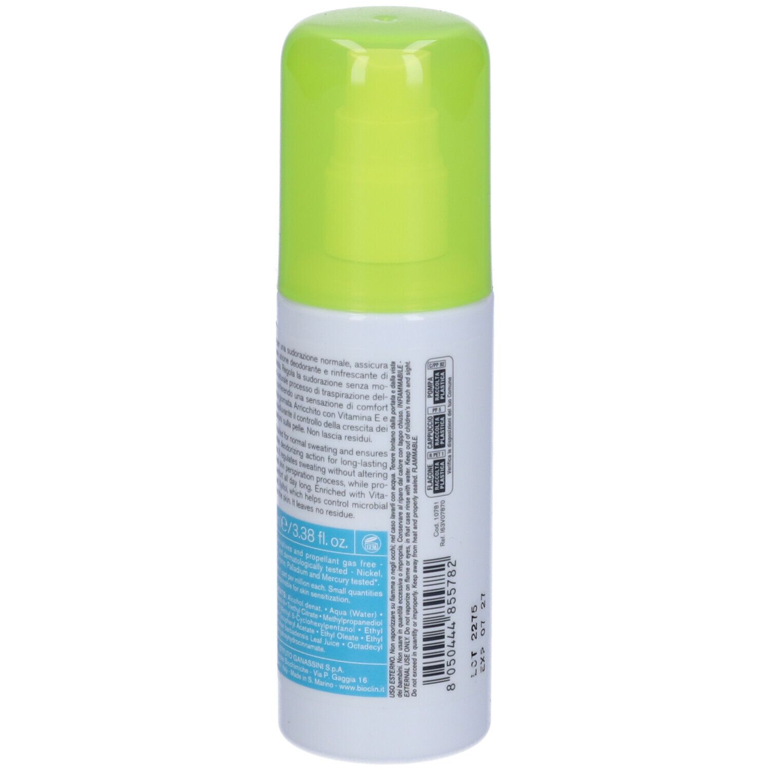 Dos du spray déodorant avec texte. Informations sur le produit et ingrédients sur récipient blanc avec bouchon vert.