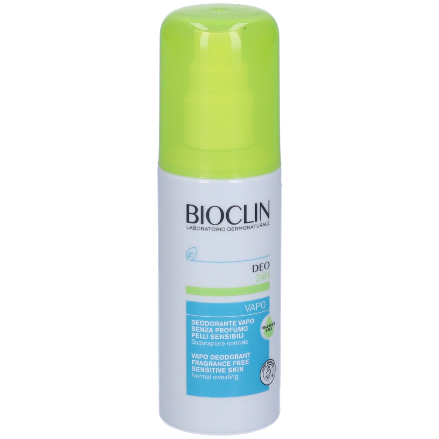 Spray déodorant avec bouchon vert. Logo BIOCLIN et 'DEO 24H Vapo' visibles. 'Fragrance Free' sur l'emballage.