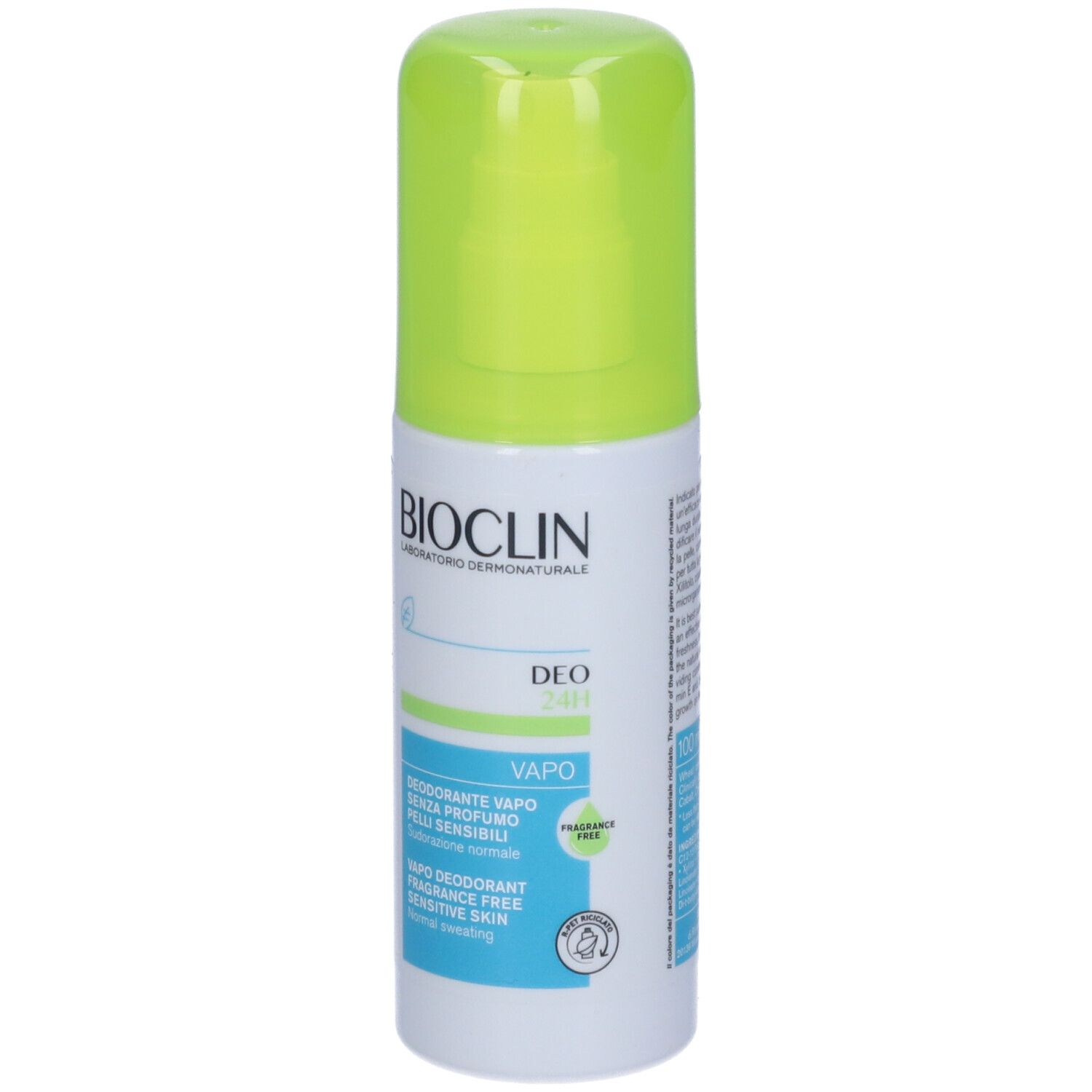 Spray déodorant avec bouchon vert. Logo BIOCLIN et 'DEO 24H Vapo' visibles. 'Fragrance Free' sur l'emballage.
