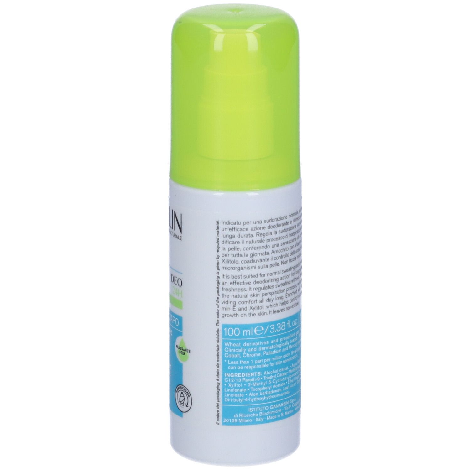 Dos du spray déodorant avec texte. Informations, ingrédients et volume '100 ml/3.38 fl. oz' visibles.