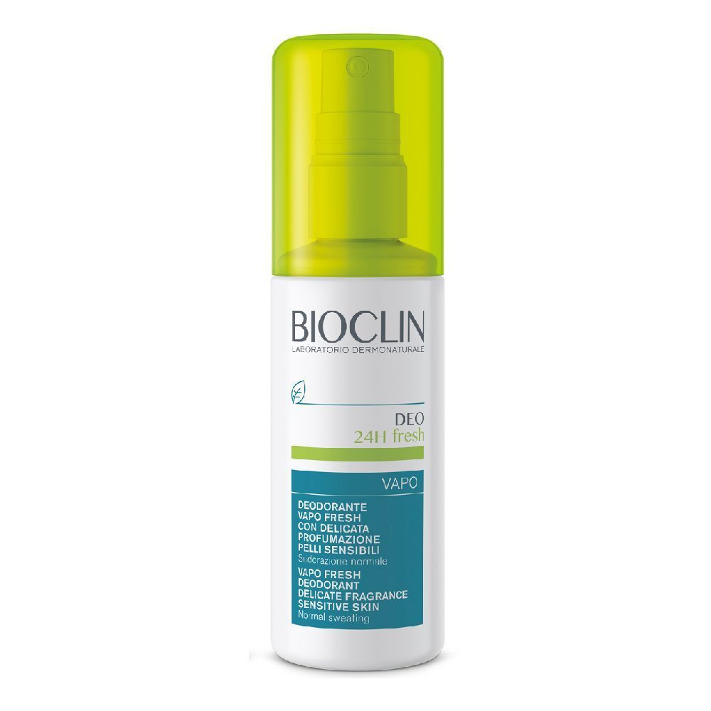 BIOCLIN Deo 24H Fresh Vapo. Flacon blanc avec bouchon vert. Étiquettes bleues et vertes avec informations produit.