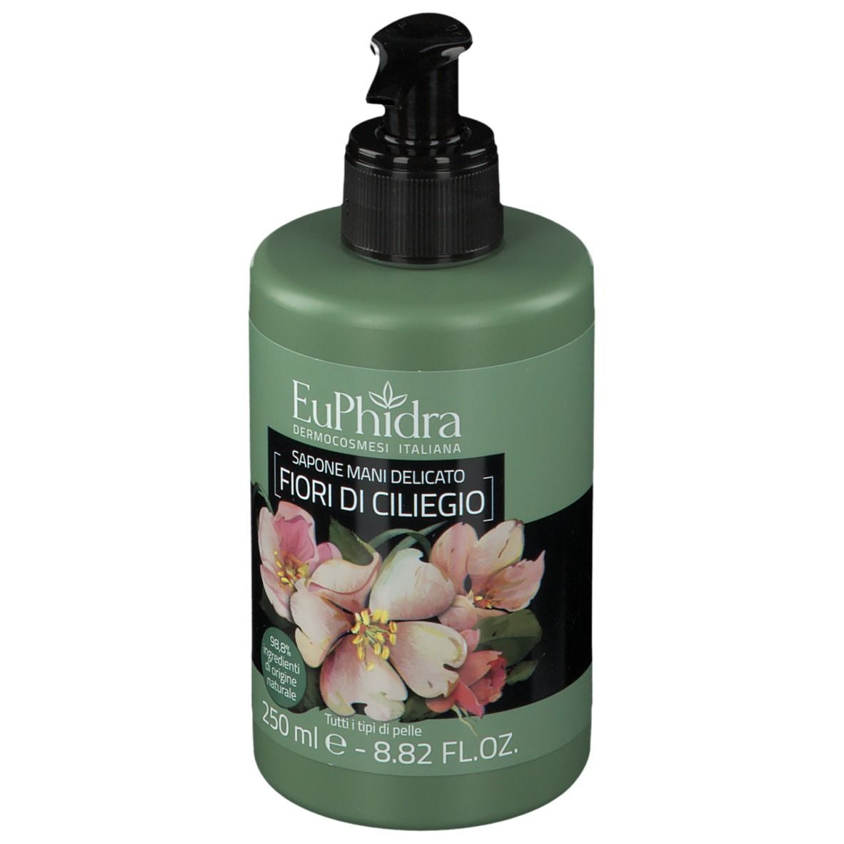 Flacon vert avec pompe noire. Étiquette avec nom du produit, illustration de fleurs de cerisier et texte. 250 ml.