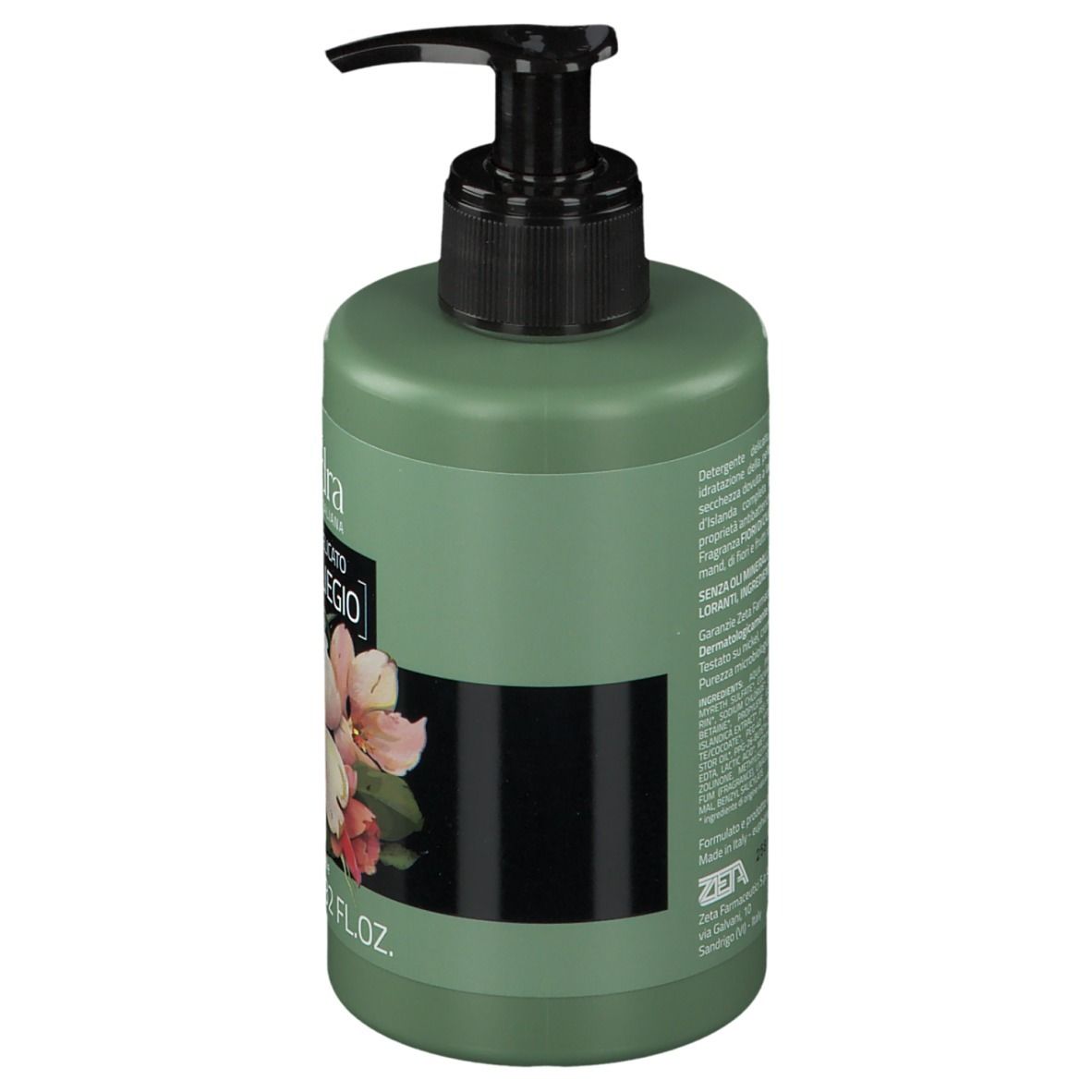 Flacon vert avec pompe noire. Vue latérale avec texte et bande noire. Nom du produit non visible.