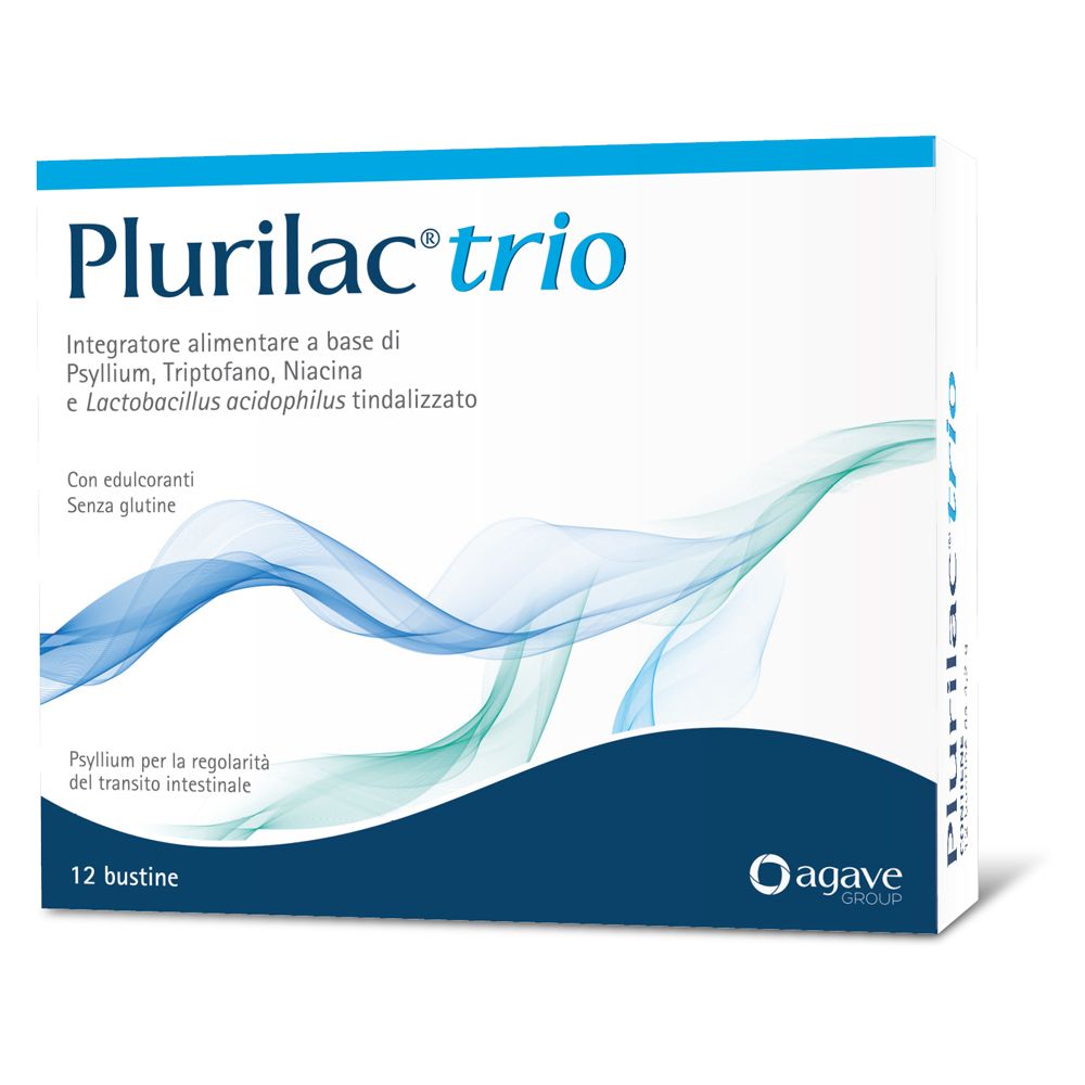 Schachtel mit "Plurilac trio"-Logo. Enthält 12 Beutel. Blaue und grüne Wellenmuster. Text in italienischer Sprache.