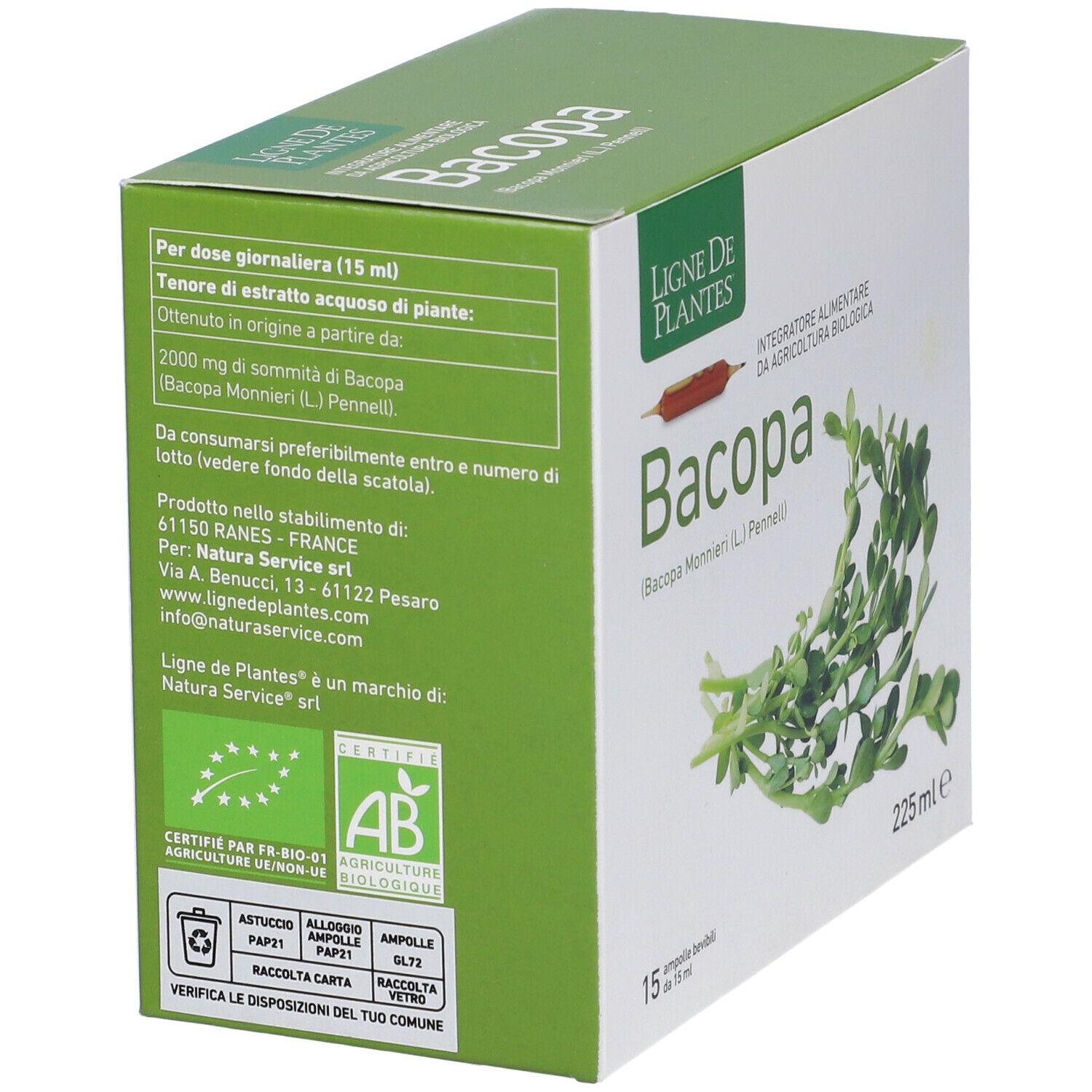 Boîte de Bacopa. Inscription "Bacopa" et "15 ampoules". Logo de certification AB.