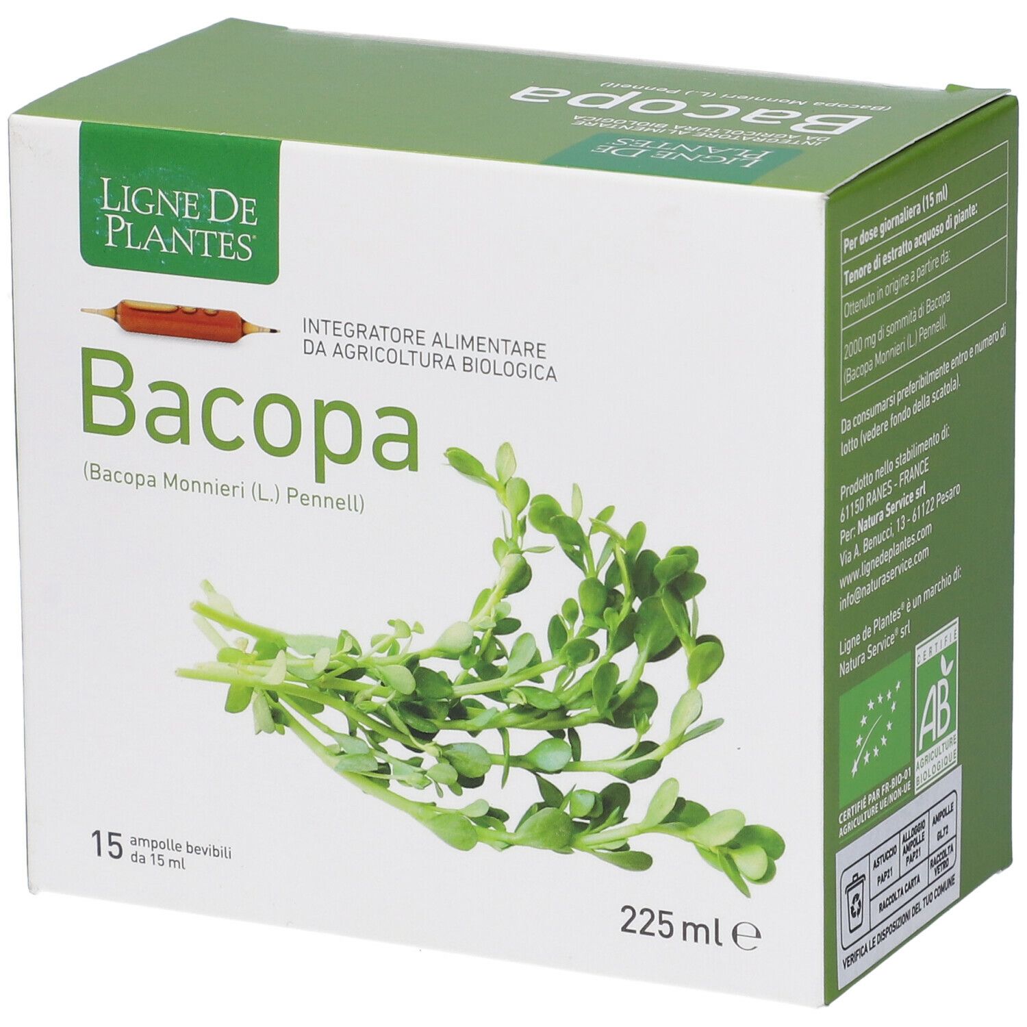Boîte de Bacopa. Inscription "Bacopa" et "15 ampoules". Logo de certification AB.