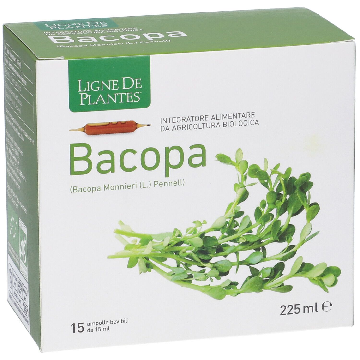 Boîte de Bacopa. Inscription "Bacopa" et "15 ampoules". Illustration de plantes.