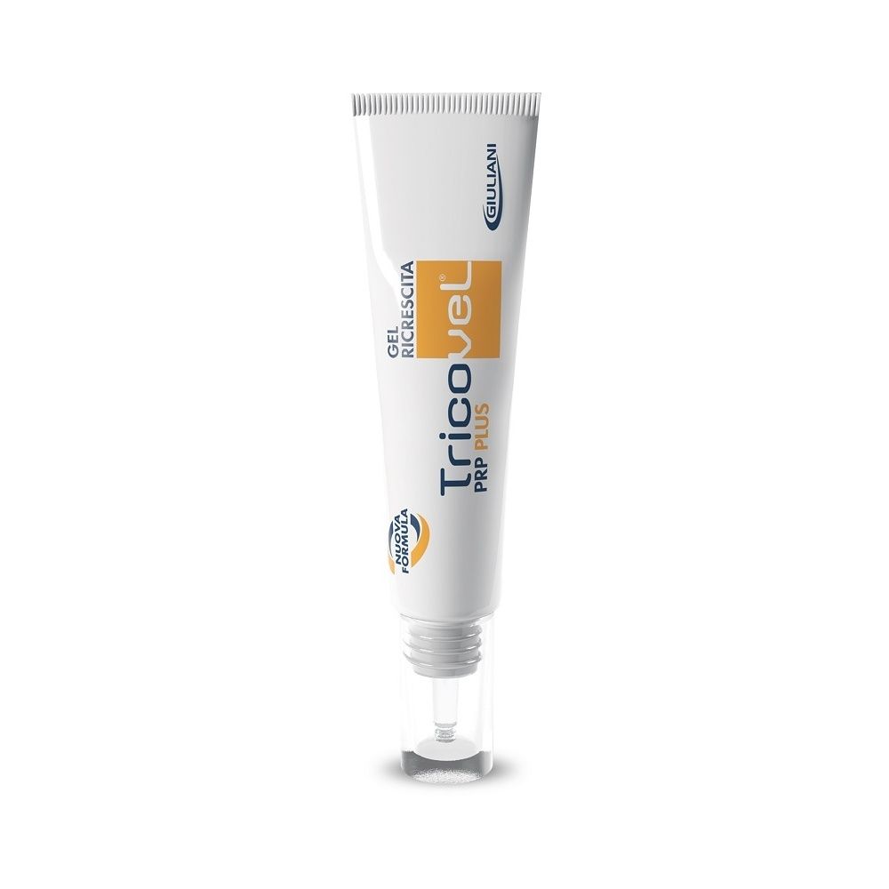 Tube mit weißem Hintergrund. Aufschrift Tricovel PRP Plus, Gel Ricrescita. Marke Giuliani.