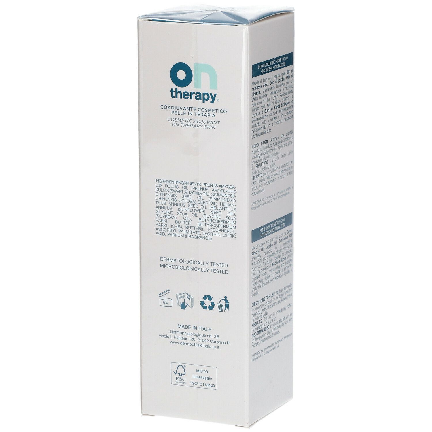 Seite der Ontherapy-Schachtel. Text über Inhaltsstoffe und Zertifizierungen. Made in Italy.