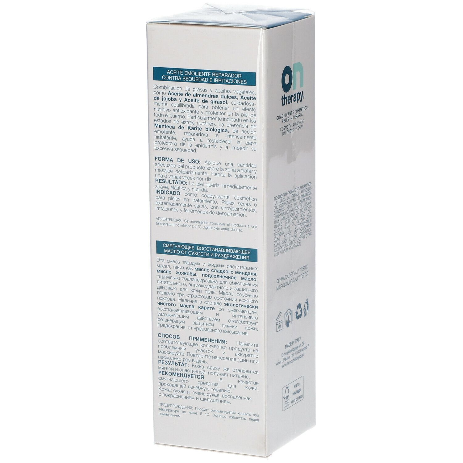 Seite der Ontherapy-Schachtel. Text über Anwendung und Inhaltsstoffe. 150 ml.