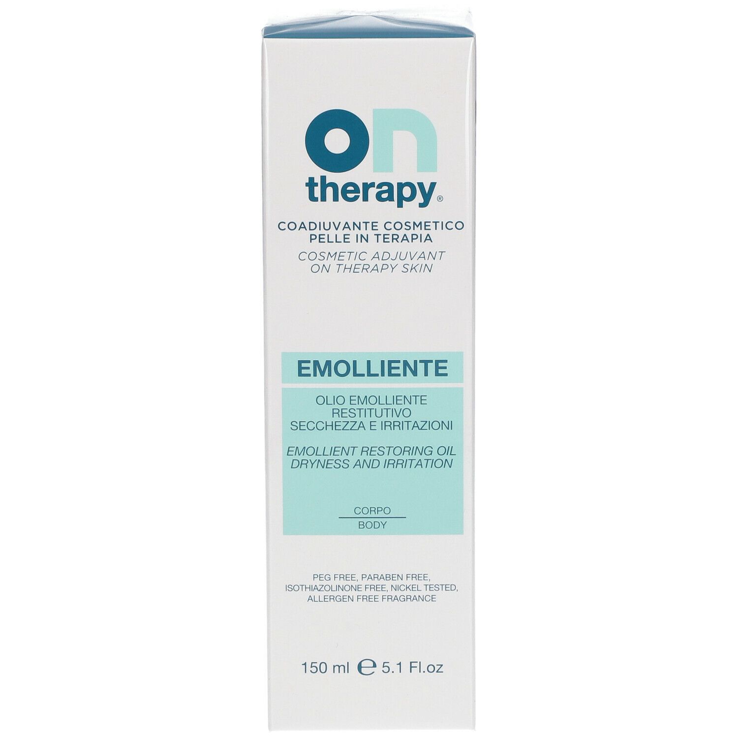 Vorderseite der Ontherapy-Schachtel. Aufschrift: Emolliente. 150 ml.