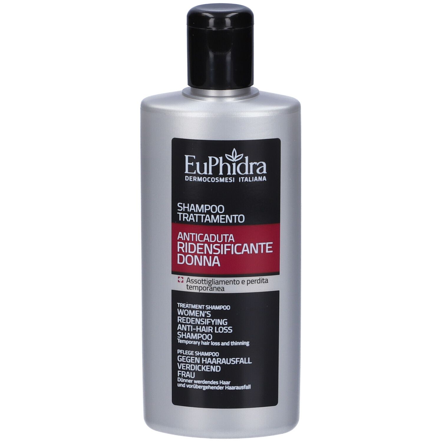 Flacon de shampooing argenté avec bouchon noir. Étiquette avec nom du produit et marque Euphidra.