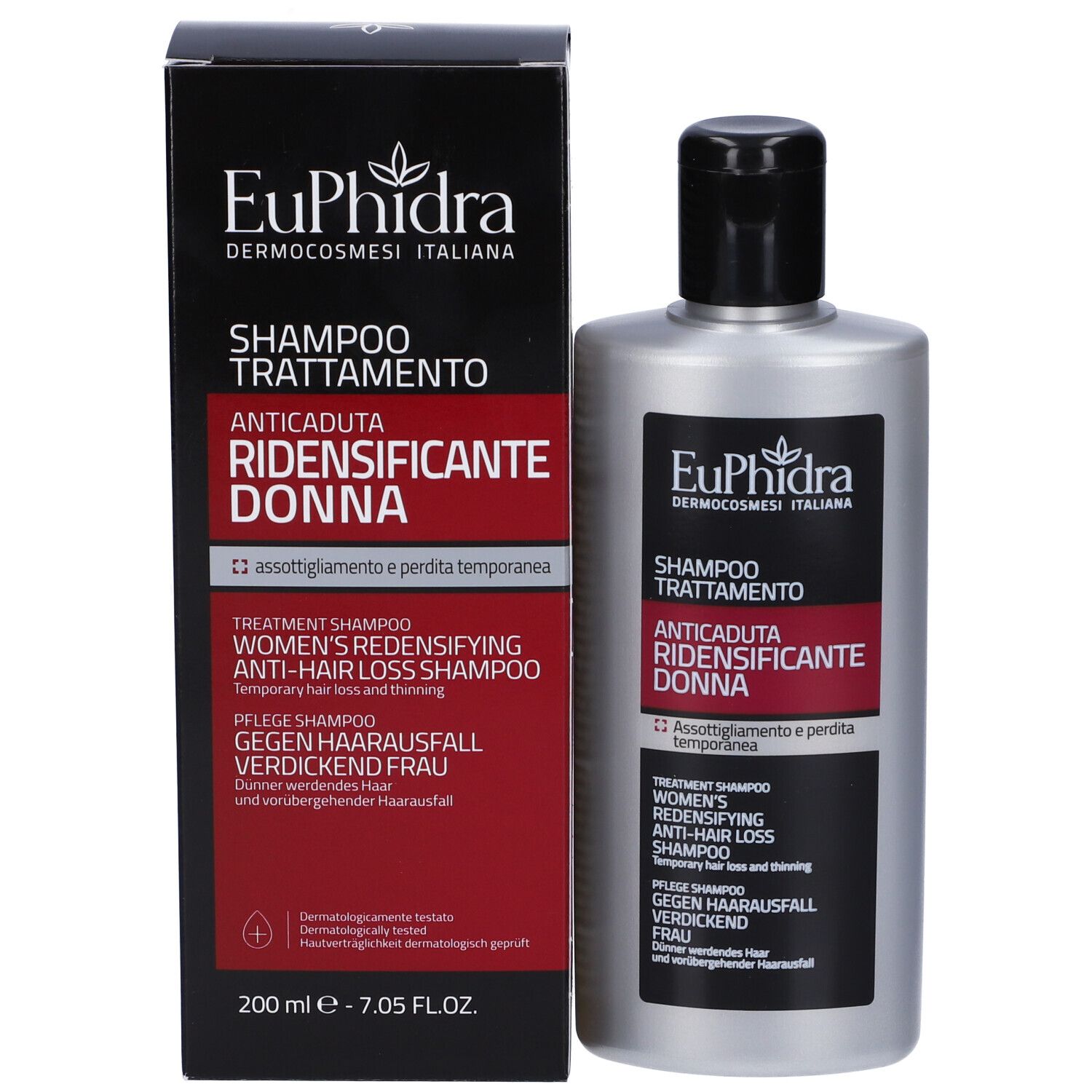 Flacon de shampooing et boîte. Les deux avec le nom du produit et la marque Euphidra. Couleurs noir et rouge.