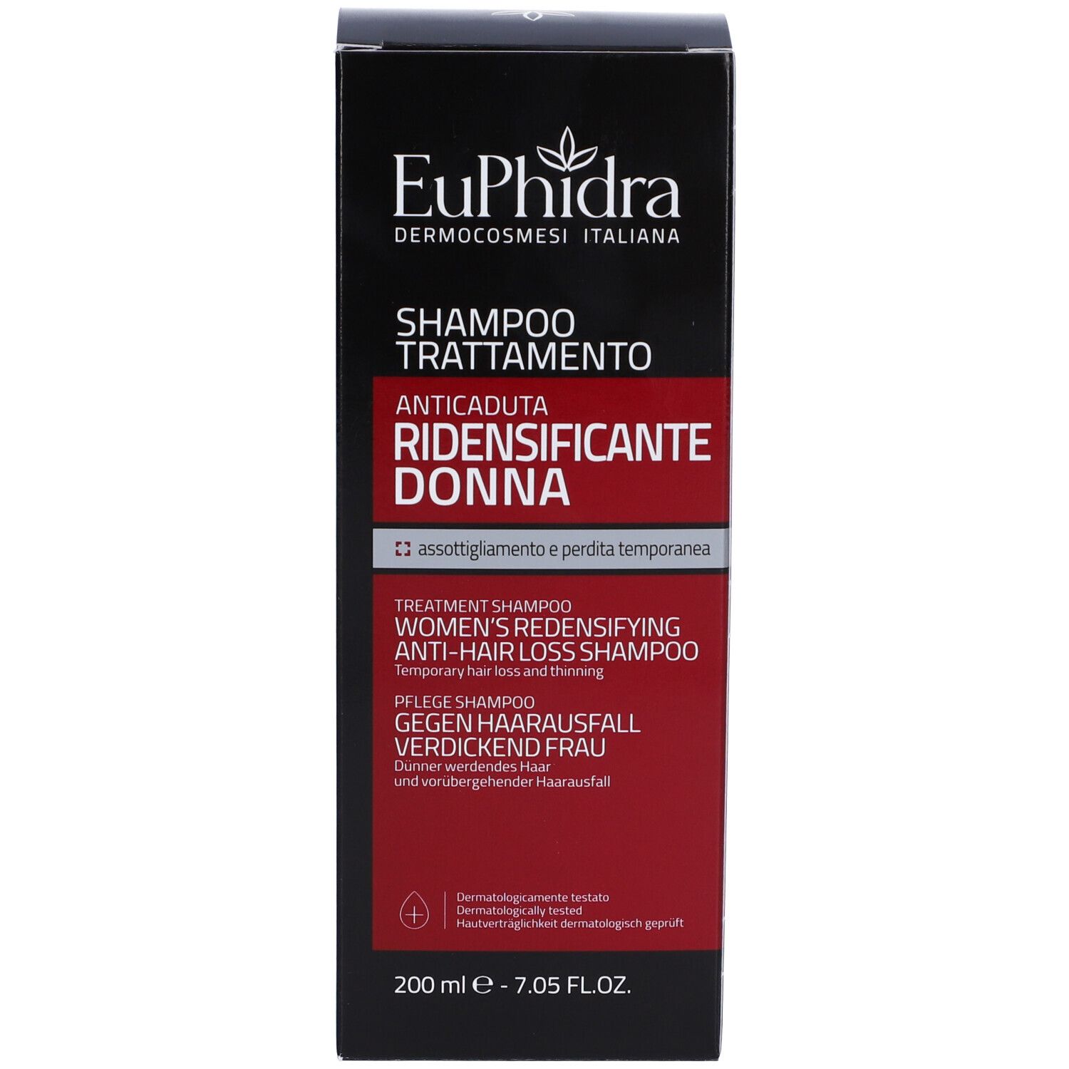 Boîte noire avec bande rouge. Nom du produit et marque Euphidra. 200 ml - 7.05 FL.OZ.