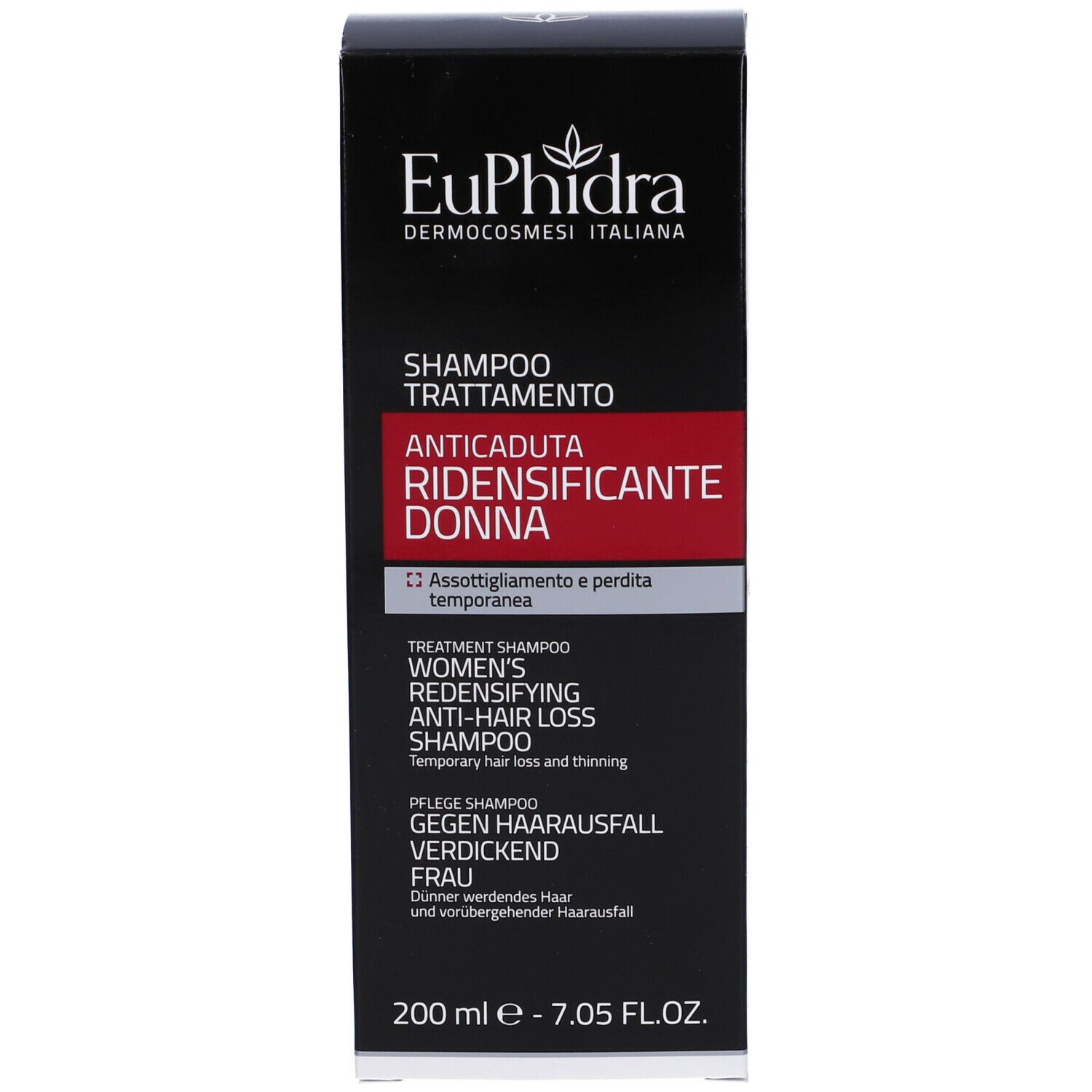 Boîte noire avec bande rouge. Nom du produit et marque Euphidra. 200 ml - 7.05 FL.OZ.