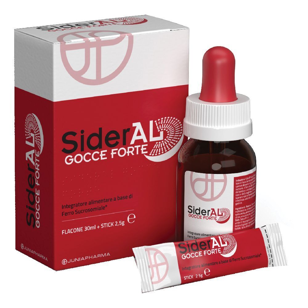 Flacon et emballage de SiderAL Gocce Forte. Liquide rouge dans un flacon en verre avec pipette rouge. Sachet stick à côté.