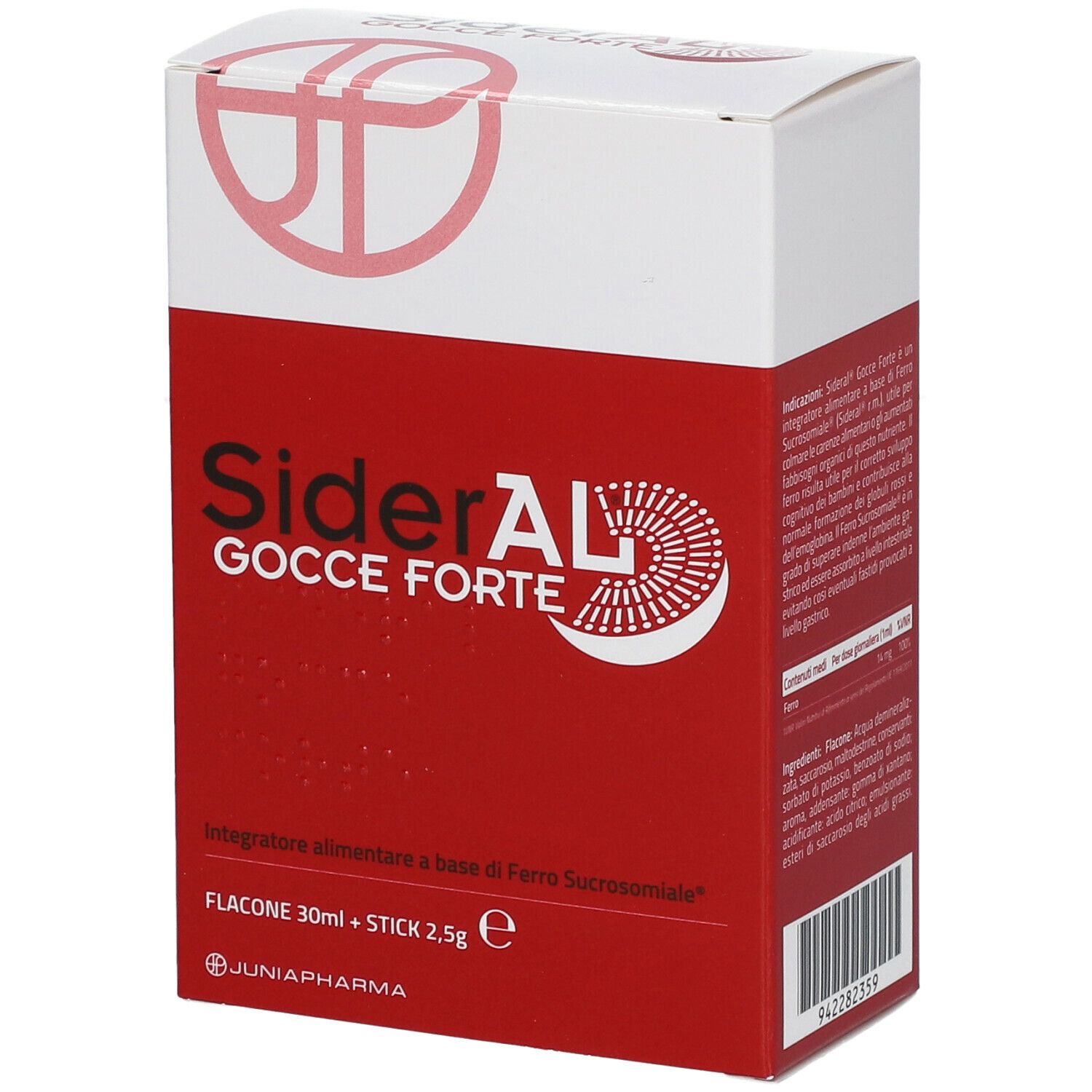 Emballage de SiderAL Gocce Forte. Boîte rouge et blanche avec nom et logo du produit. Texte en italien.
