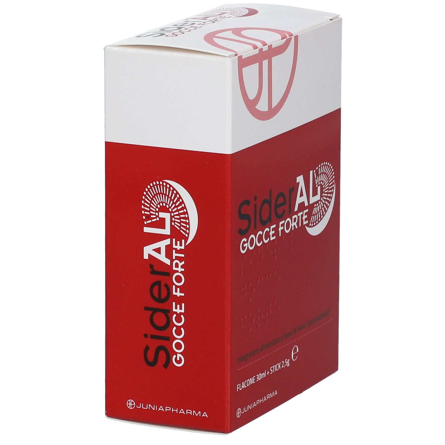 Emballage de SiderAL Gocce Forte. Boîte rouge et blanche avec nom et logo du produit. Texte en italien.