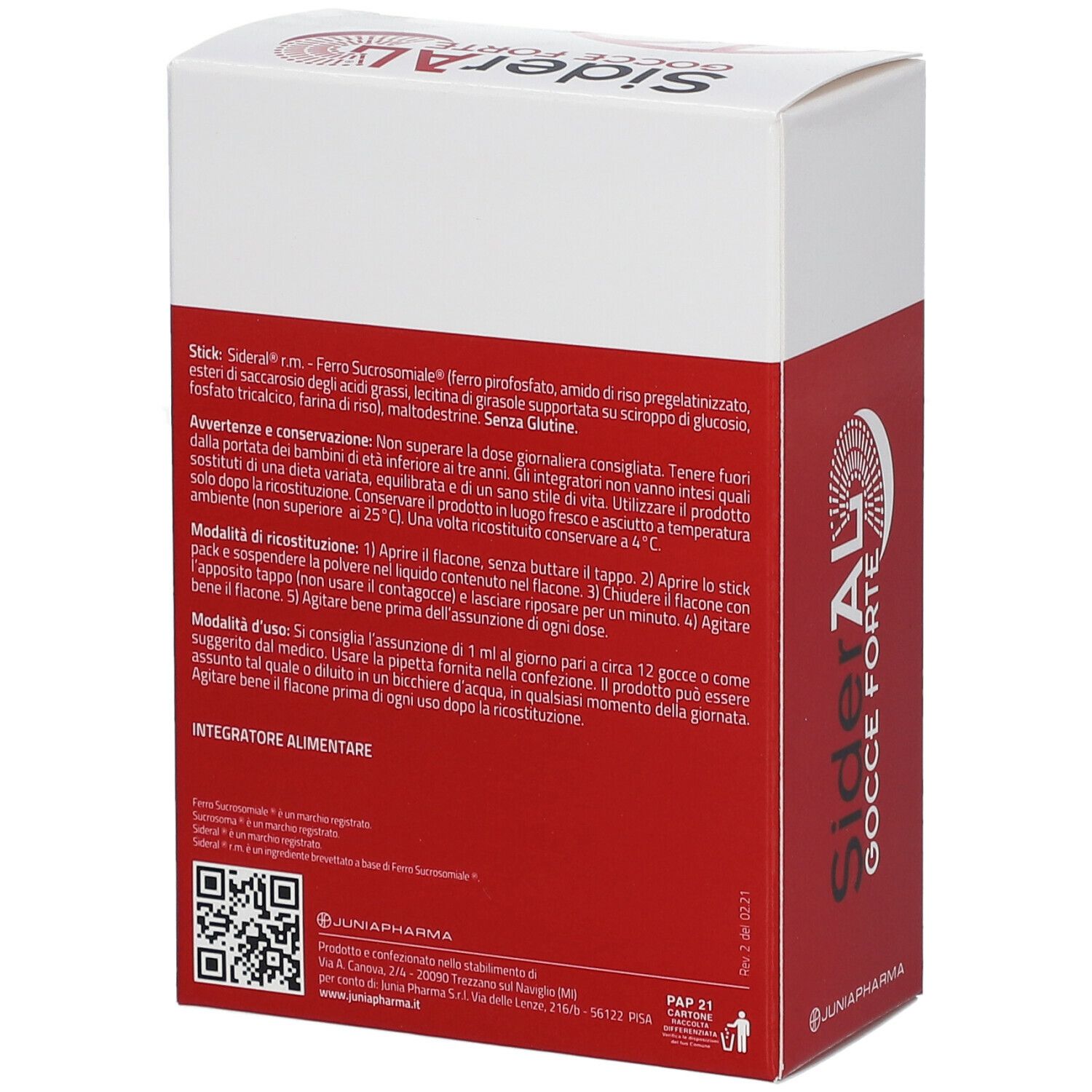 Emballage de SiderAL Gocce Forte. Boîte rouge et blanche avec nom et logo du produit. Texte en italien.