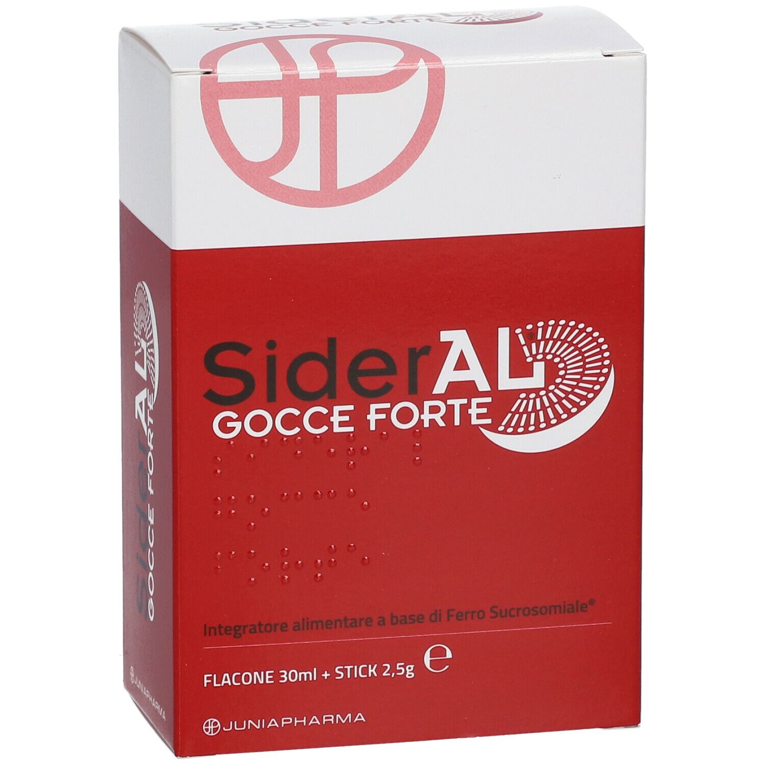 Emballage de SiderAL Gocce Forte. Boîte rouge et blanche avec nom et logo du produit. Texte en italien.