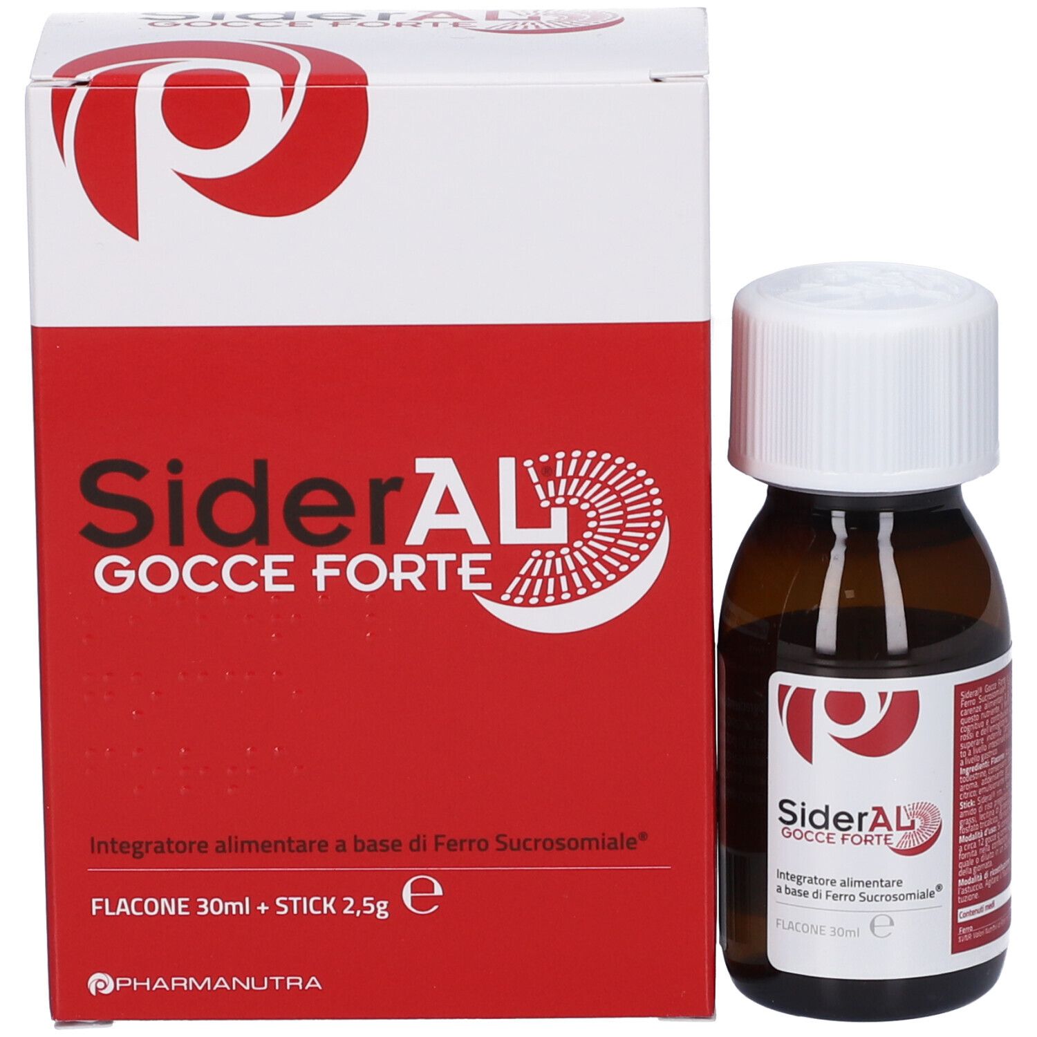 Produktverpackung und Flasche. Aufschrift SiderAL Gocce Forte. Rotes Logo. Flasche und Packung.