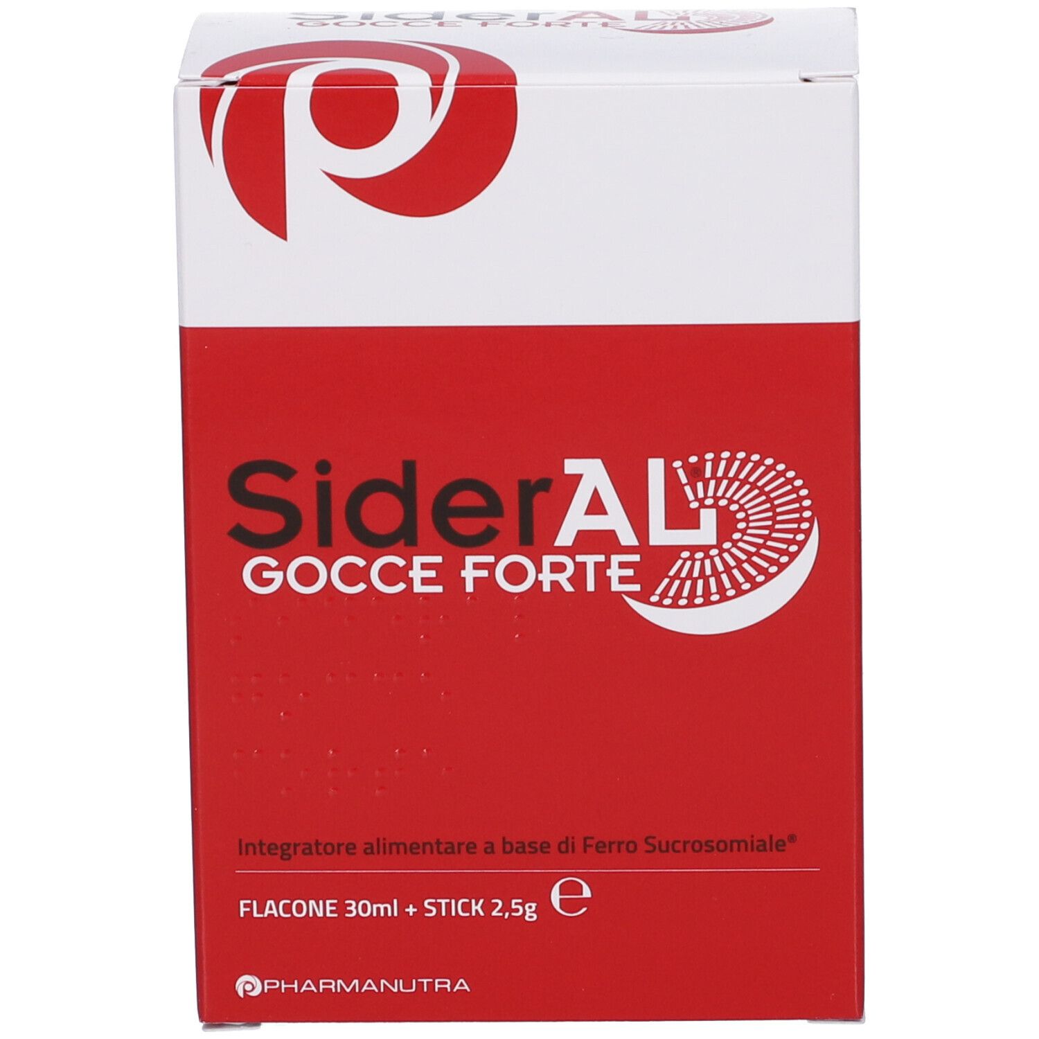 Produktverpackung. Aufschrift SiderAL Gocce Forte. Rotes Logo. Weiße und rote Verpackung.
