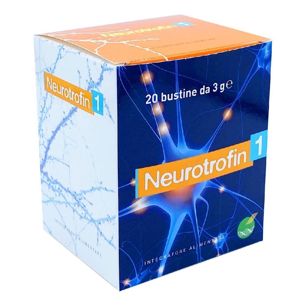 Boîte "Neurotrophin 1" avec 20 sachets. Graphique de cellules nerveuses bleues. "Integratore Alimentare".