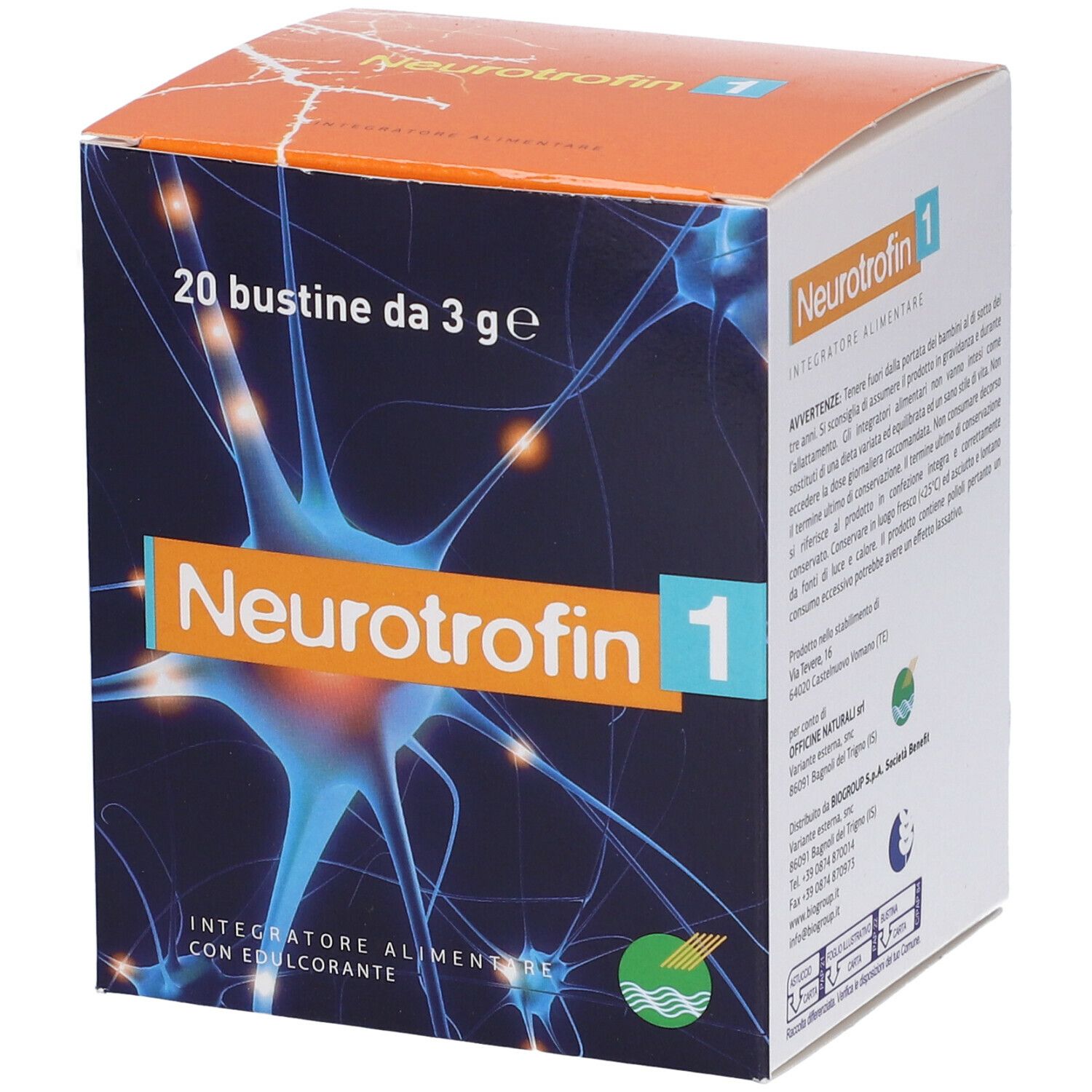 Boîte "Neurotrophin 1" avec 20 sachets. Graphique de cellules nerveuses bleues. "Integratore Alimentare".