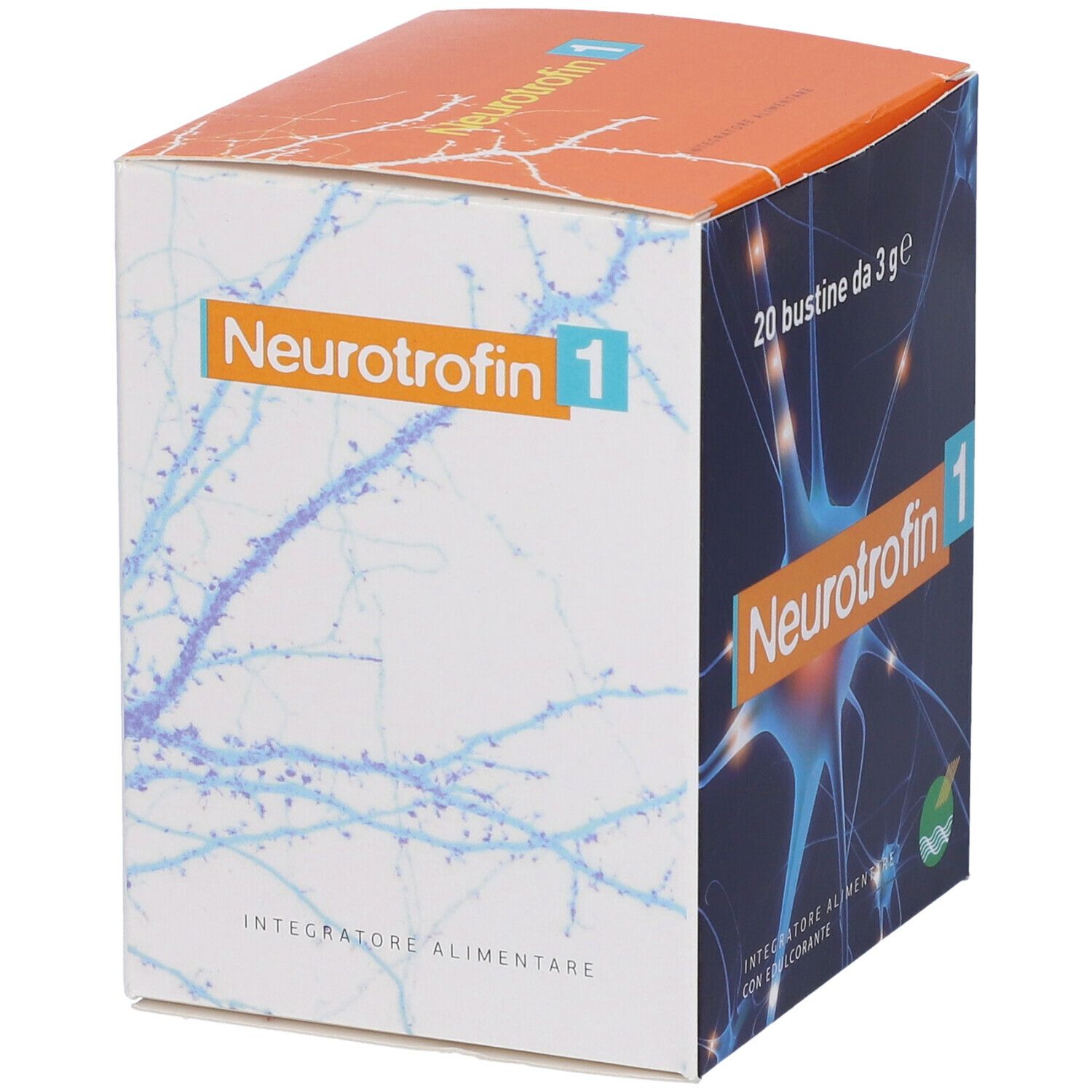 Boîte "Neurotrophin 1" avec 20 sachets. Graphique de cellules nerveuses bleues. "Integratore Alimentare".