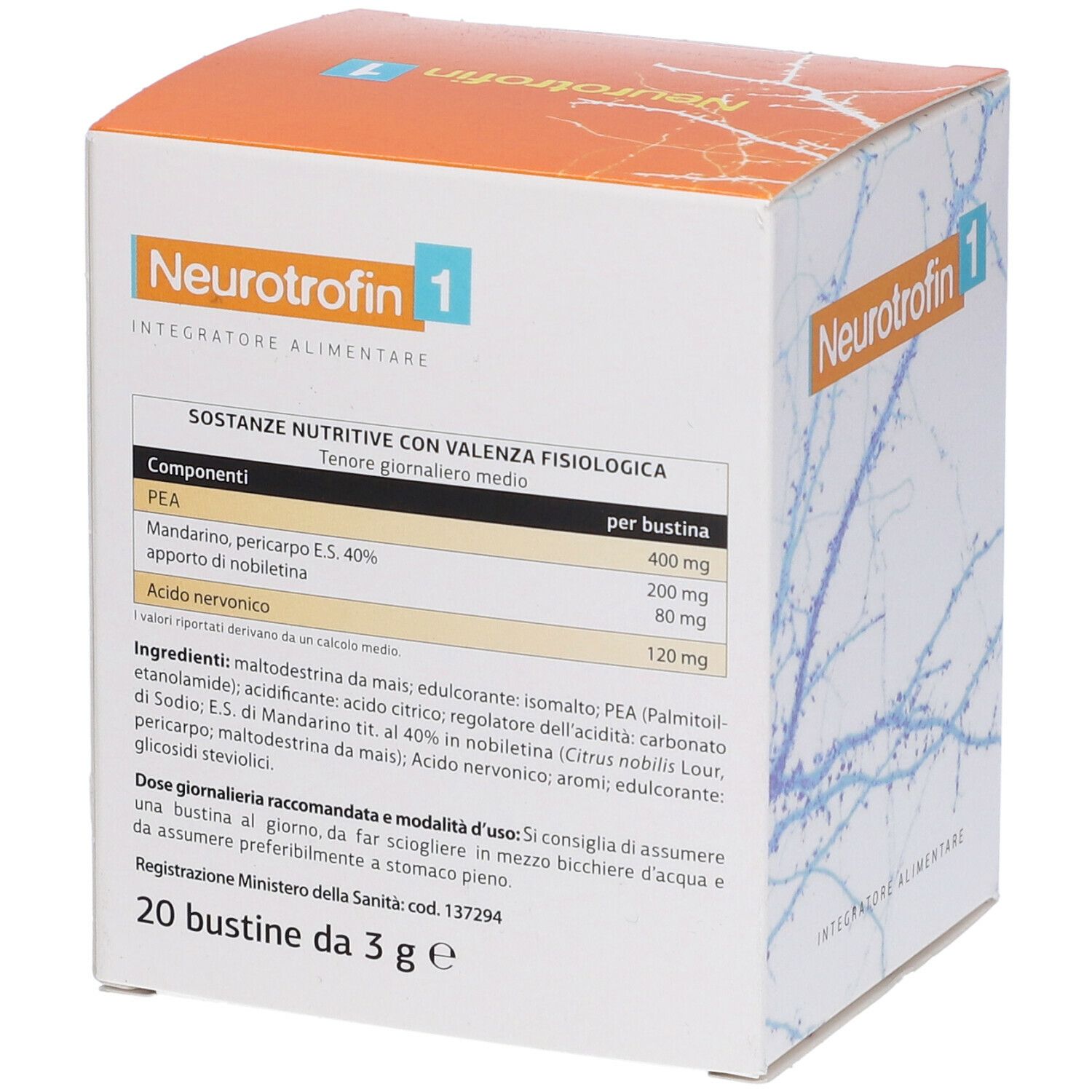 Boîte "Neurotrophin 1" avec informations nutritionnelles. 20 sachets. "Integratore Alimentare".