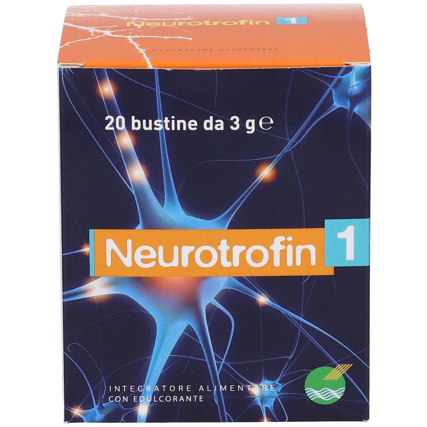 Boîte "Neurotrophin 1" avec 20 sachets. Graphique de cellules nerveuses bleues. "Integratore Alimentare".