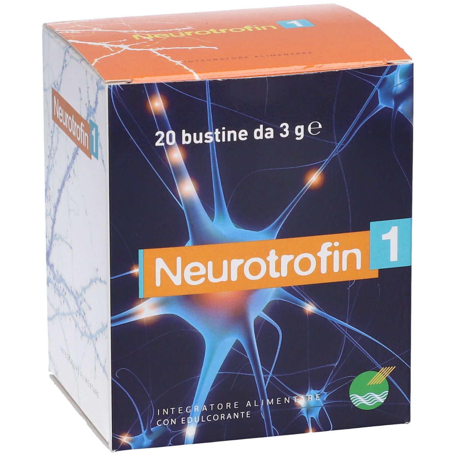 Boîte "Neurotrophin 1" avec 20 sachets. Graphique de cellules nerveuses bleues. "Integratore Alimentare".