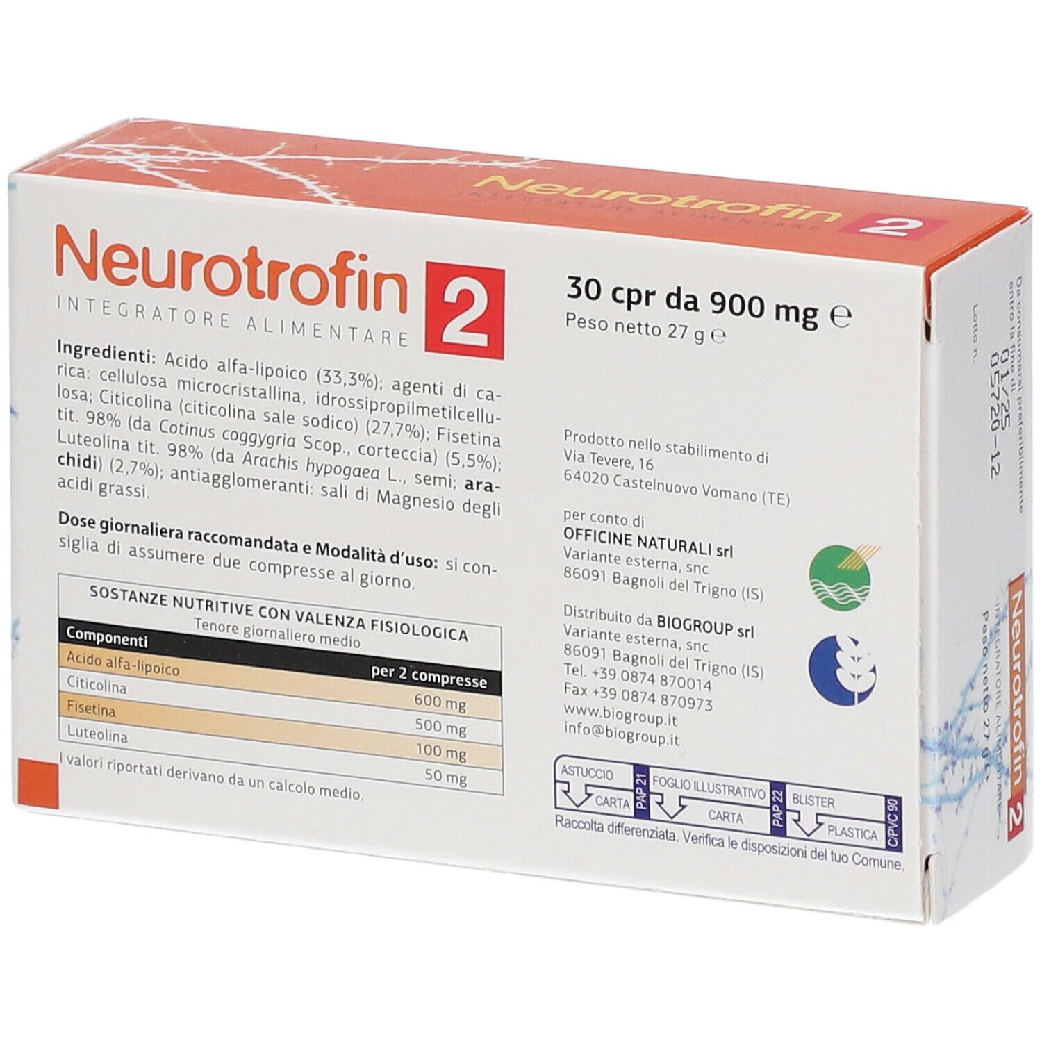 Schachtel "Neurotrofin 2" Tabletten. Enthält Informationen zu Inhaltsstoffen und Dosierung. 30 Tabletten, 900 mg.