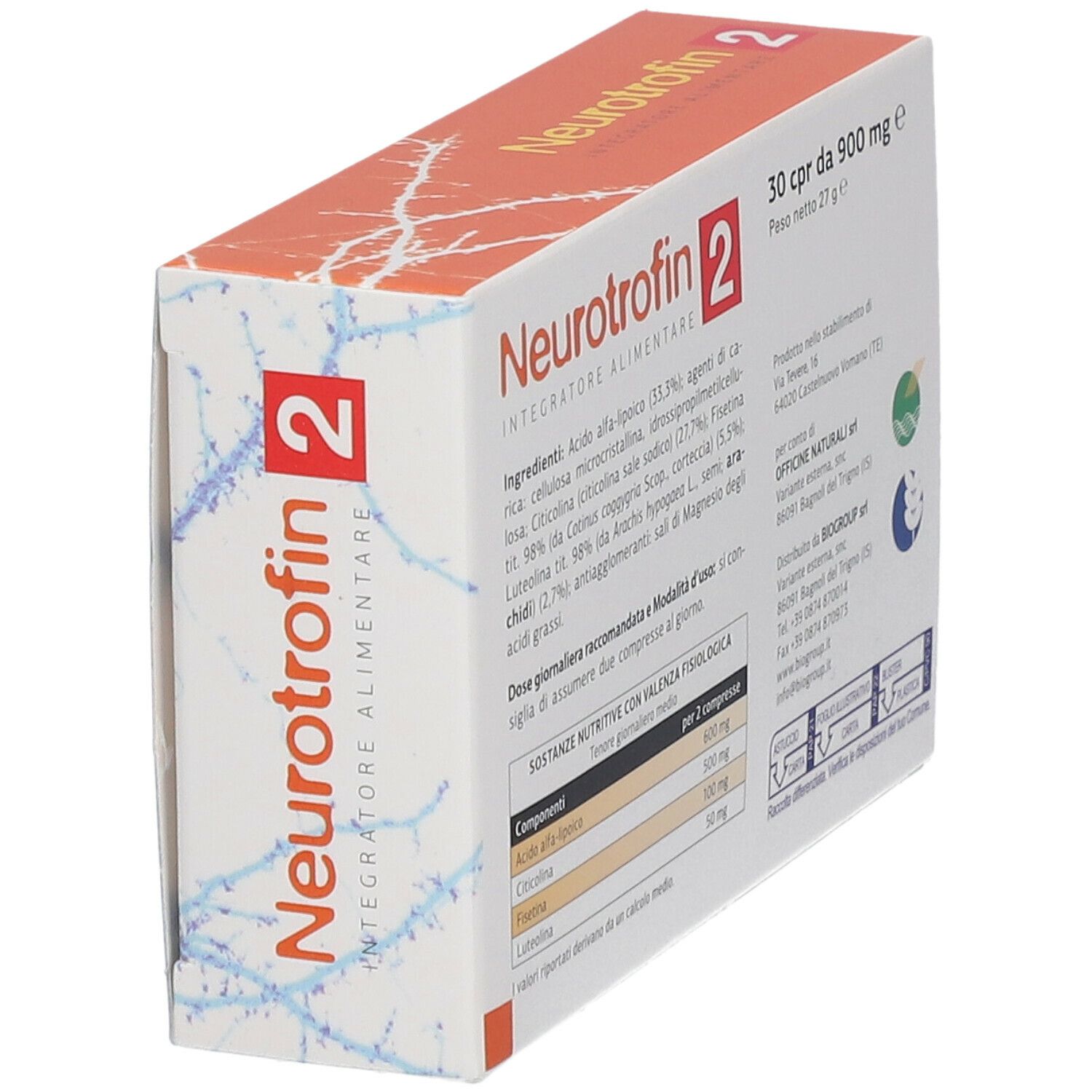 Schachtel "Neurotrofin 2" Tabletten. Enthält Informationen zu Inhaltsstoffen und Dosierung. 30 Tabletten, 900 mg.