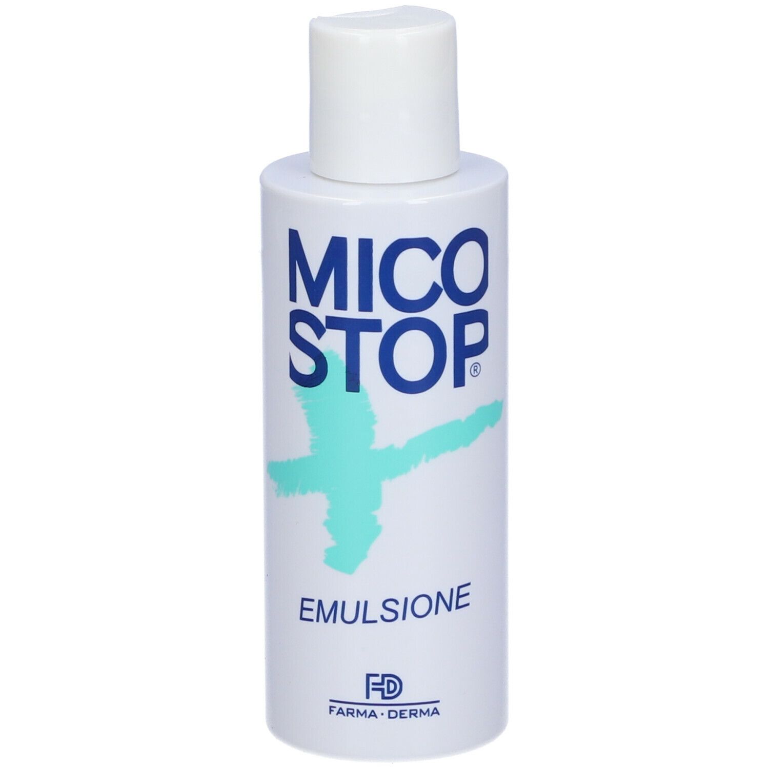 Flacon blanc avec logo bleu et texte MICO STOP. Inscription: EMULSIONE. Marque FARMA-DERMA.