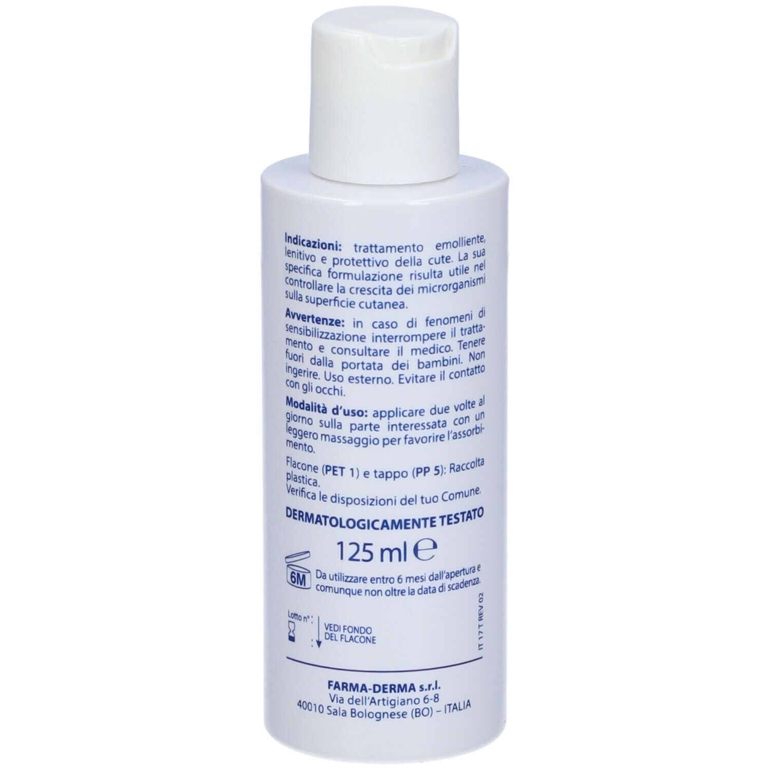 Flacon blanc avec logo bleu et texte MICO STOP. Dos avec texte et informations. 125 ml.
