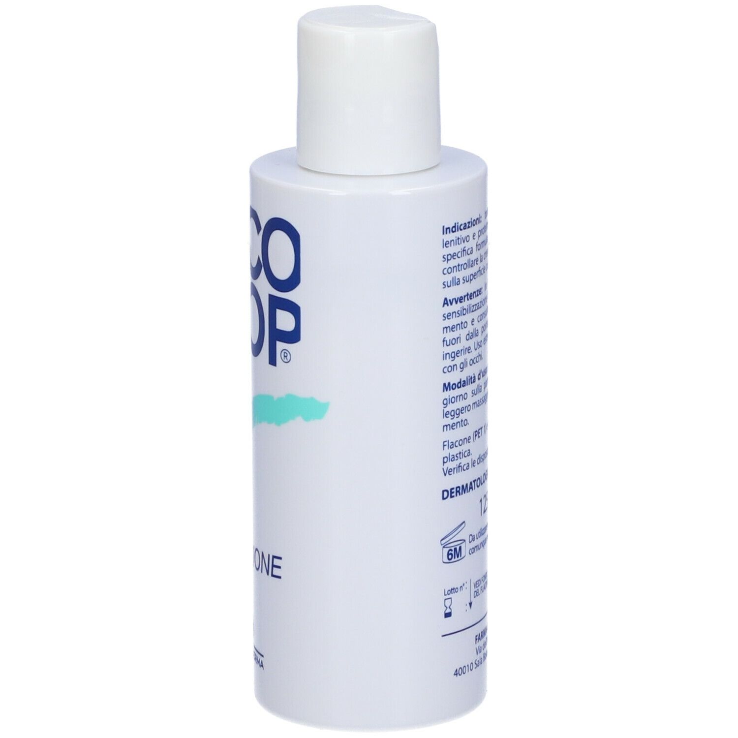 Flacon blanc avec logo bleu et texte MICO STOP. Inscription: EMULSIONE. Marque FARMA-DERMA.