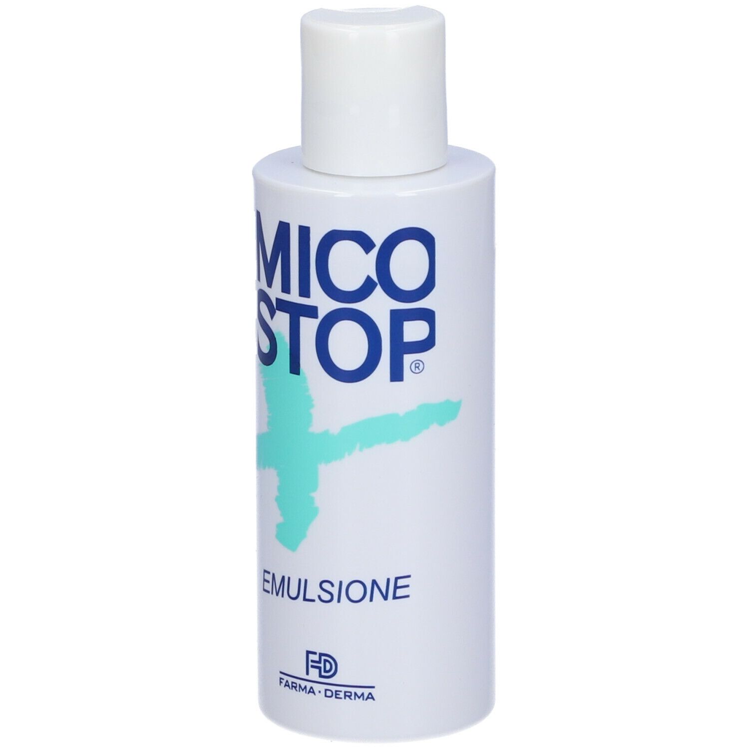 Flacon blanc avec logo bleu et texte MICO STOP. Inscription: EMULSIONE. Marque FARMA-DERMA.