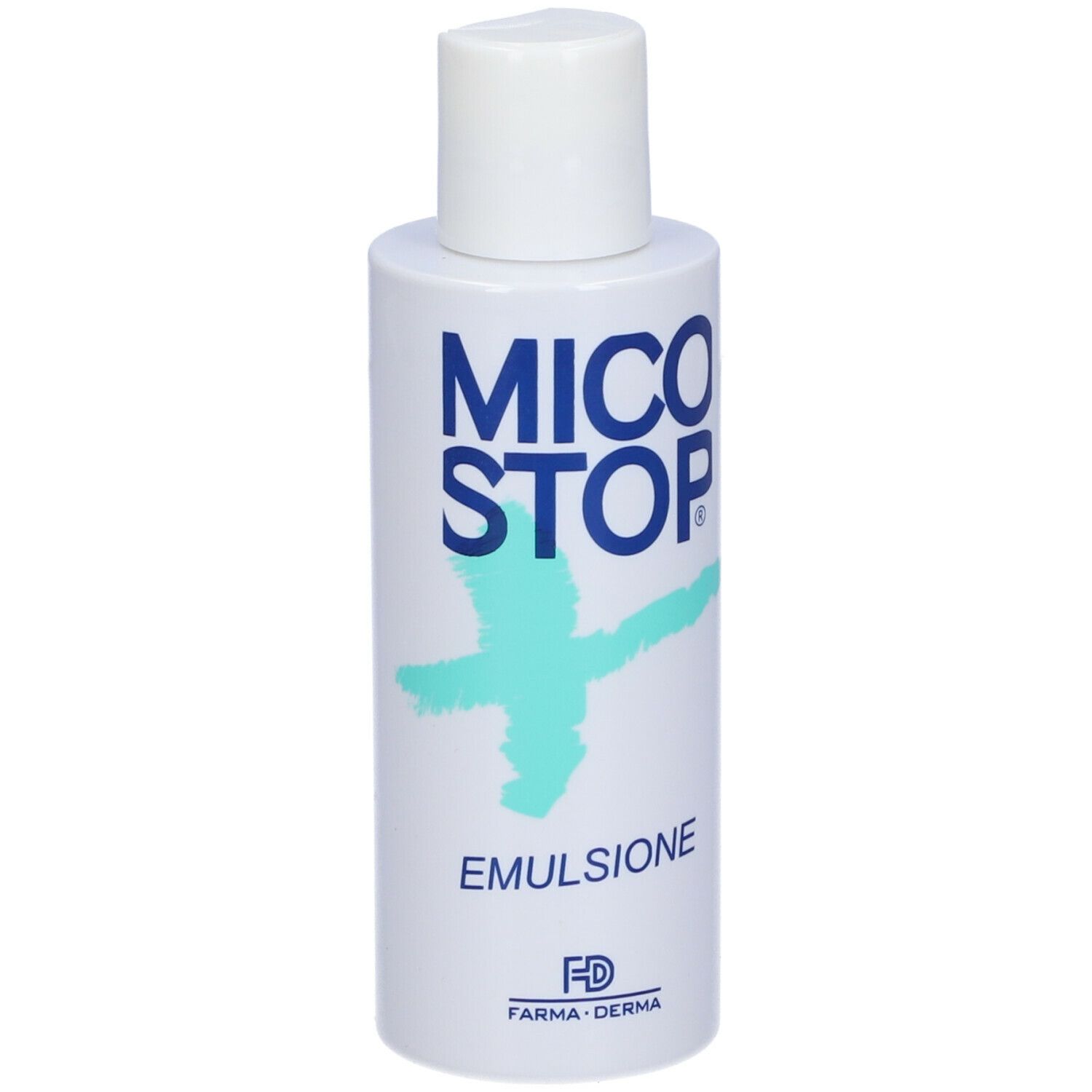 Flacon blanc avec logo bleu et texte MICO STOP. Inscription: EMULSIONE. Marque FARMA-DERMA.