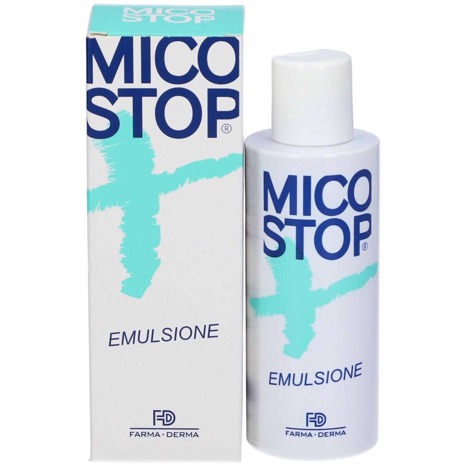 Emballage du produit avec flacon. Inscription MICO STOP et EMULSIONE. Marque FARMA-DERMA. Blanc et bleu.