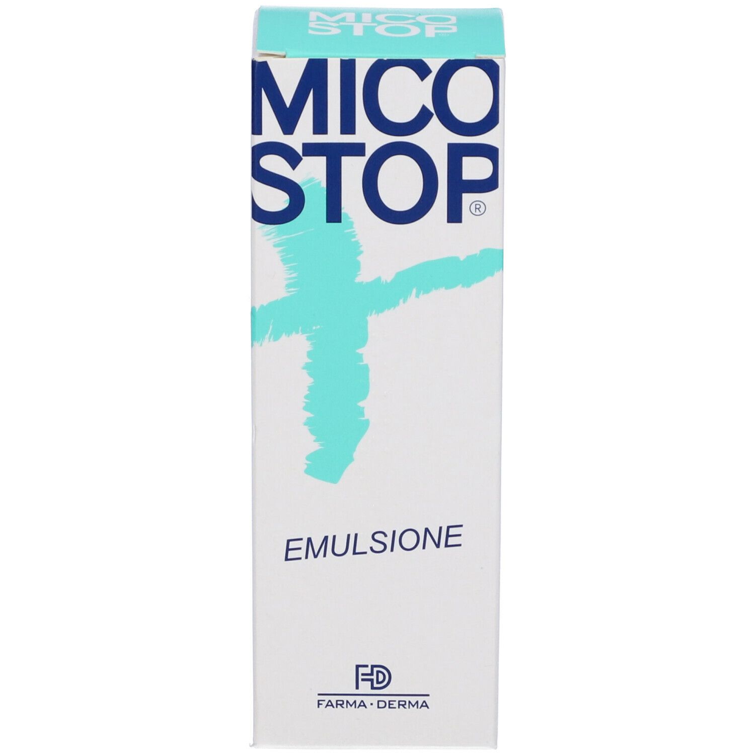 Emballage du produit. Inscription MICO STOP et EMULSIONE. Marque FARMA-DERMA. Blanc et bleu.