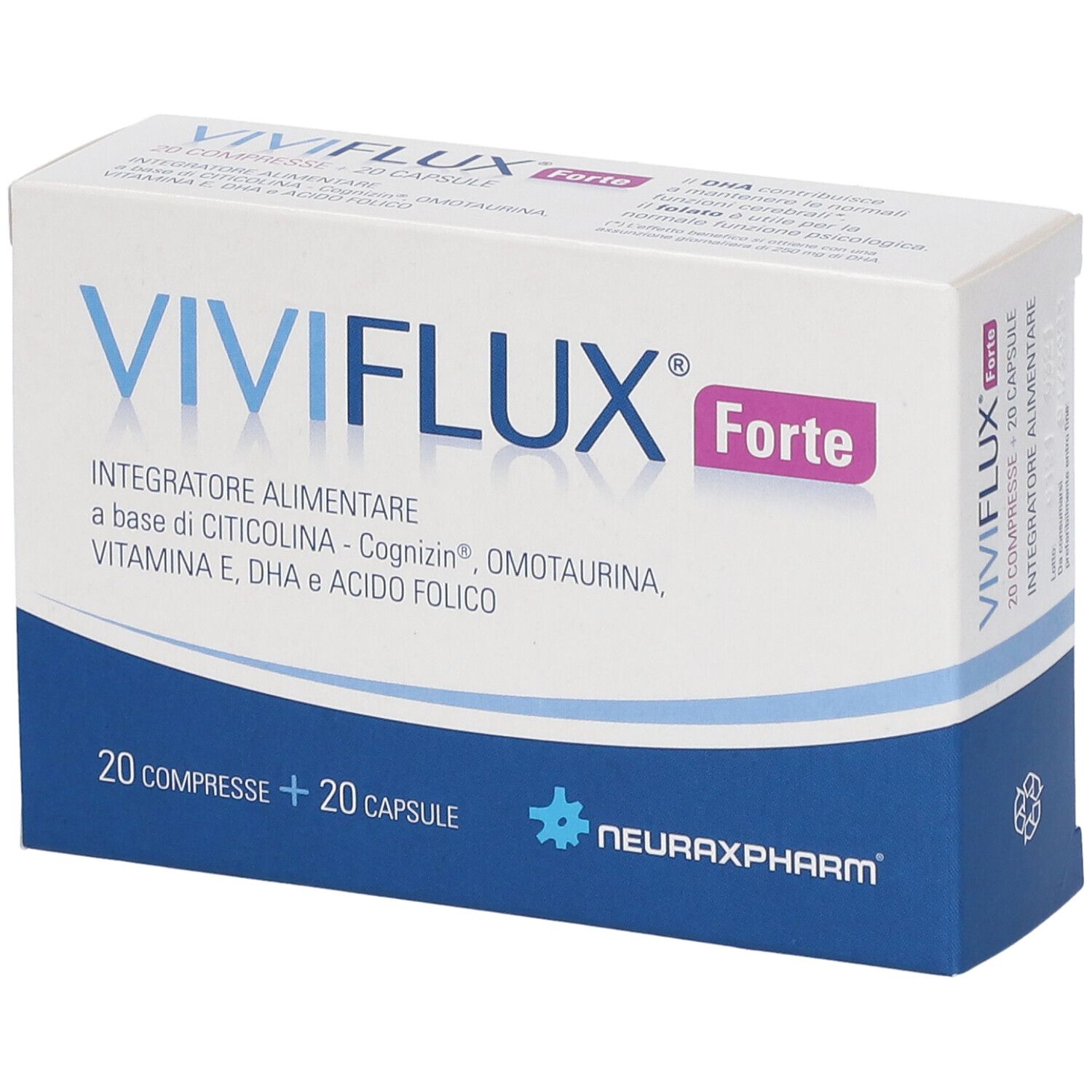VIVIFLUX® Forte-Verpackung. Enthält 20 Tabletten und 20 Kapseln. Blaue und weiße Schachtel mit Produktnamen und Inhaltsstoffen.