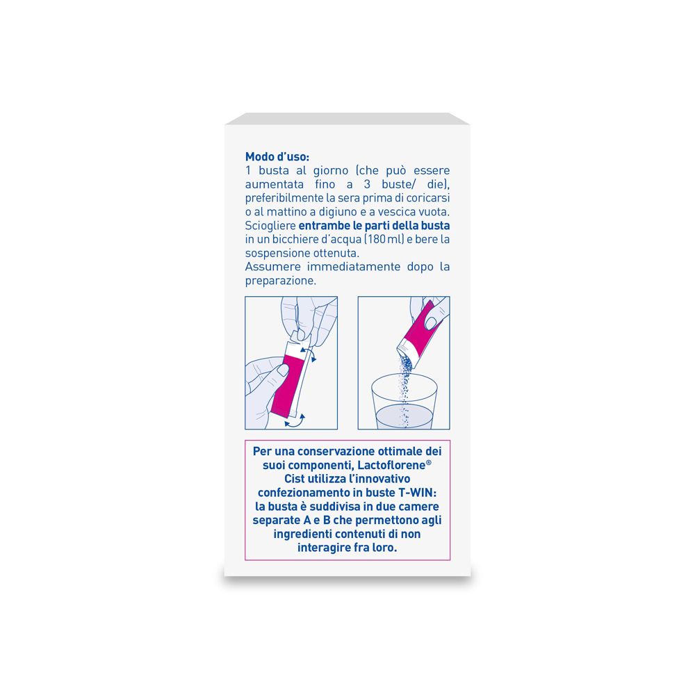 Anweisungen zur Verwendung von Lactoflorene Cist. Illustrationen zeigen die Zubereitung.