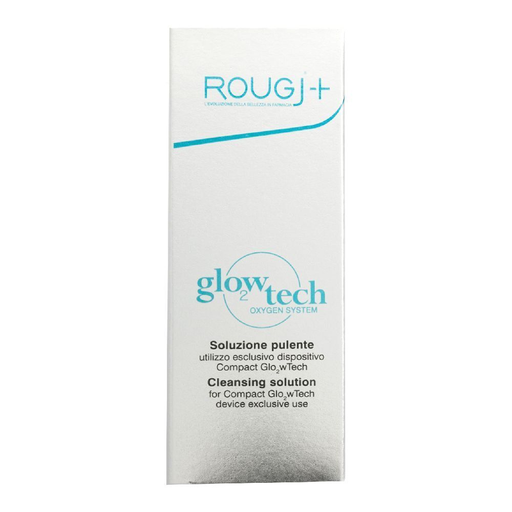 Weiße Produktverpackung mit Produktnamen und Beschreibung. Text in Italienisch und Englisch. Marke: ROUGJ+.