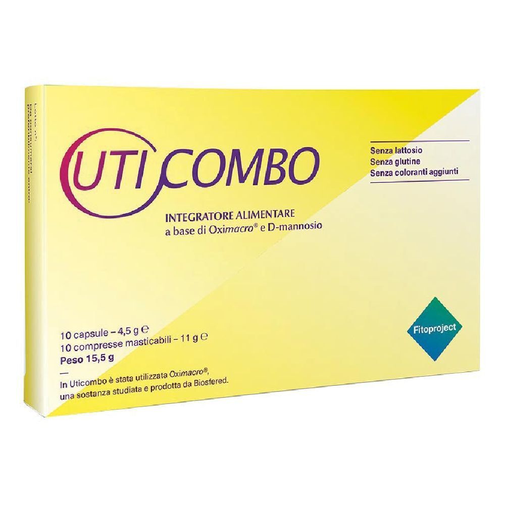 Boîte jaune UTICOMBO. Inscription violette et rouge. Contient 10 gélules et 10 comprimés à croquer. Sans lactose, sans gluten.