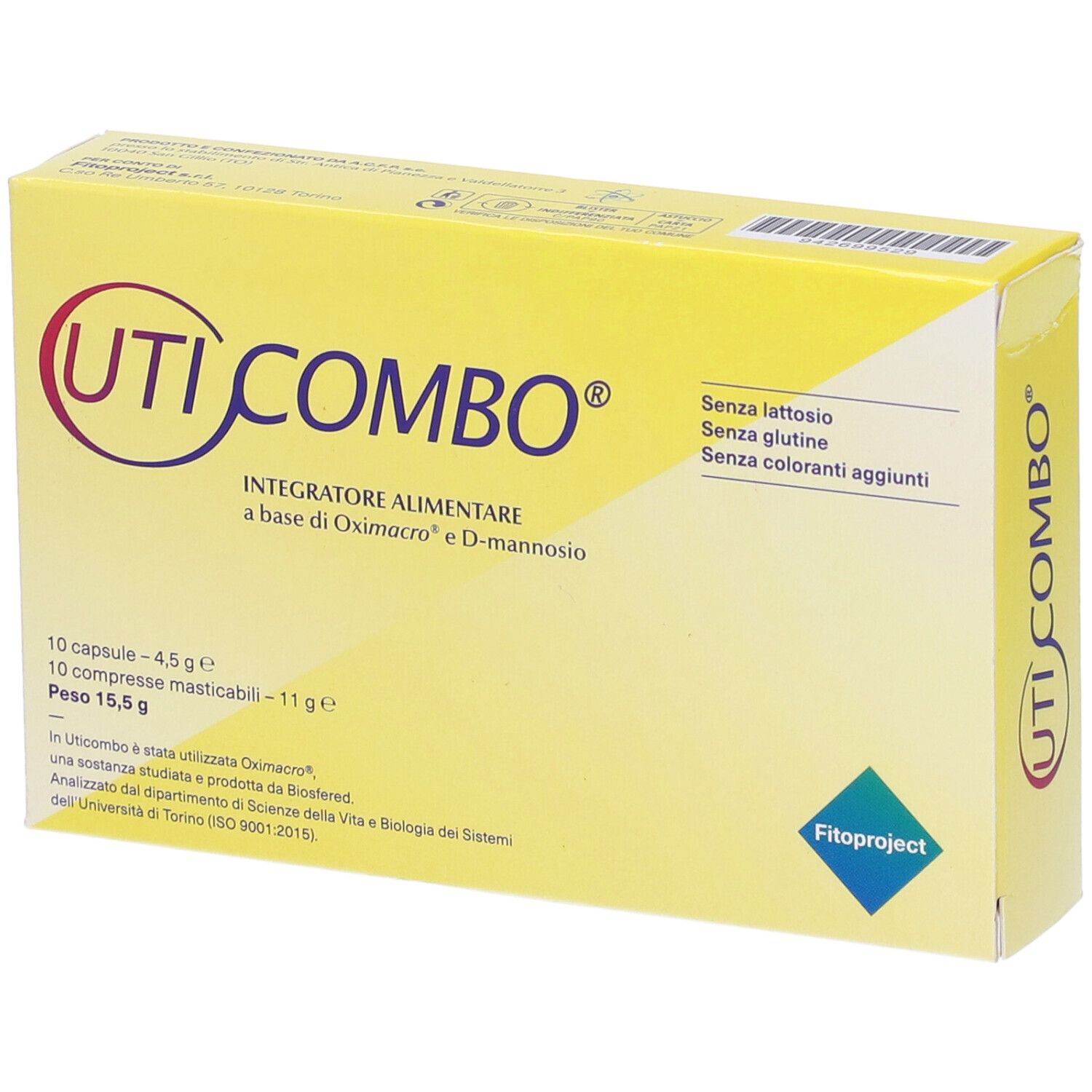 Boîte jaune UTICOMBO. Inscription violette et rouge. Contient 10 gélules et 10 comprimés à croquer. Sans lactose, sans gluten.