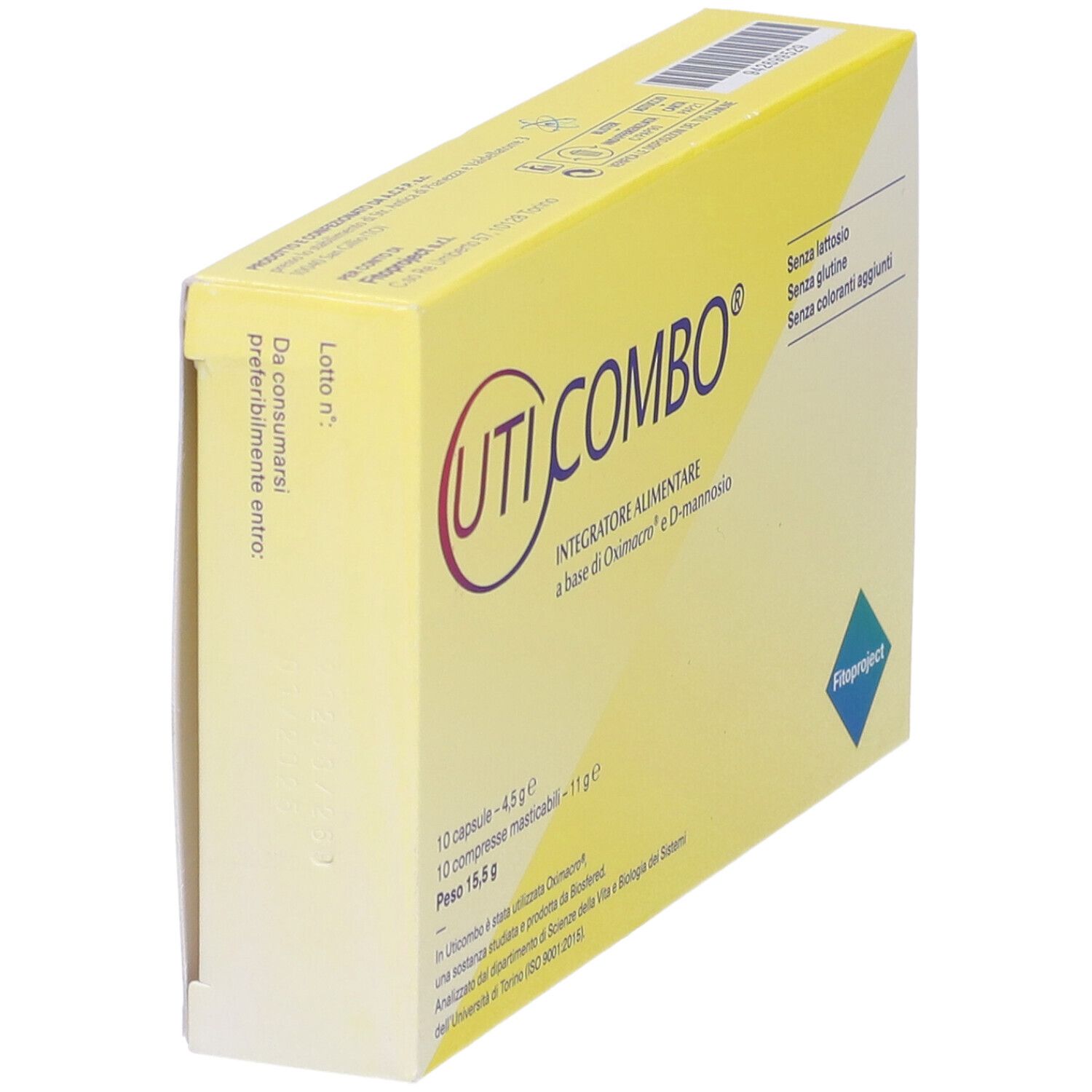 Boîte jaune UTICOMBO. Inscription violette et rouge. Contient 10 gélules et 10 comprimés à croquer. Sans lactose, sans gluten.