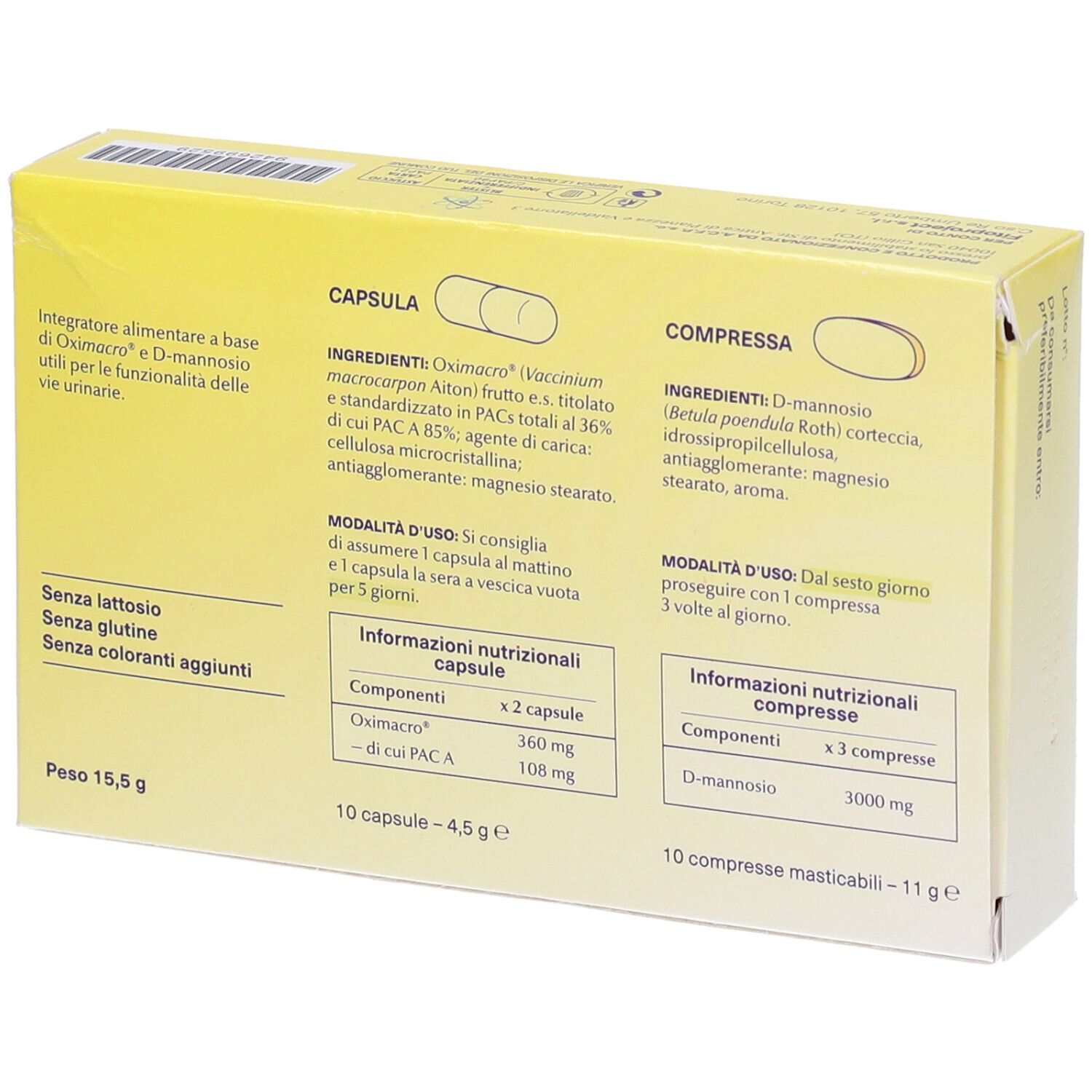 Dos de la boîte jaune UTICOMBO. Contient des informations sur les ingrédients et l'utilisation. Sans lactose, sans gluten.