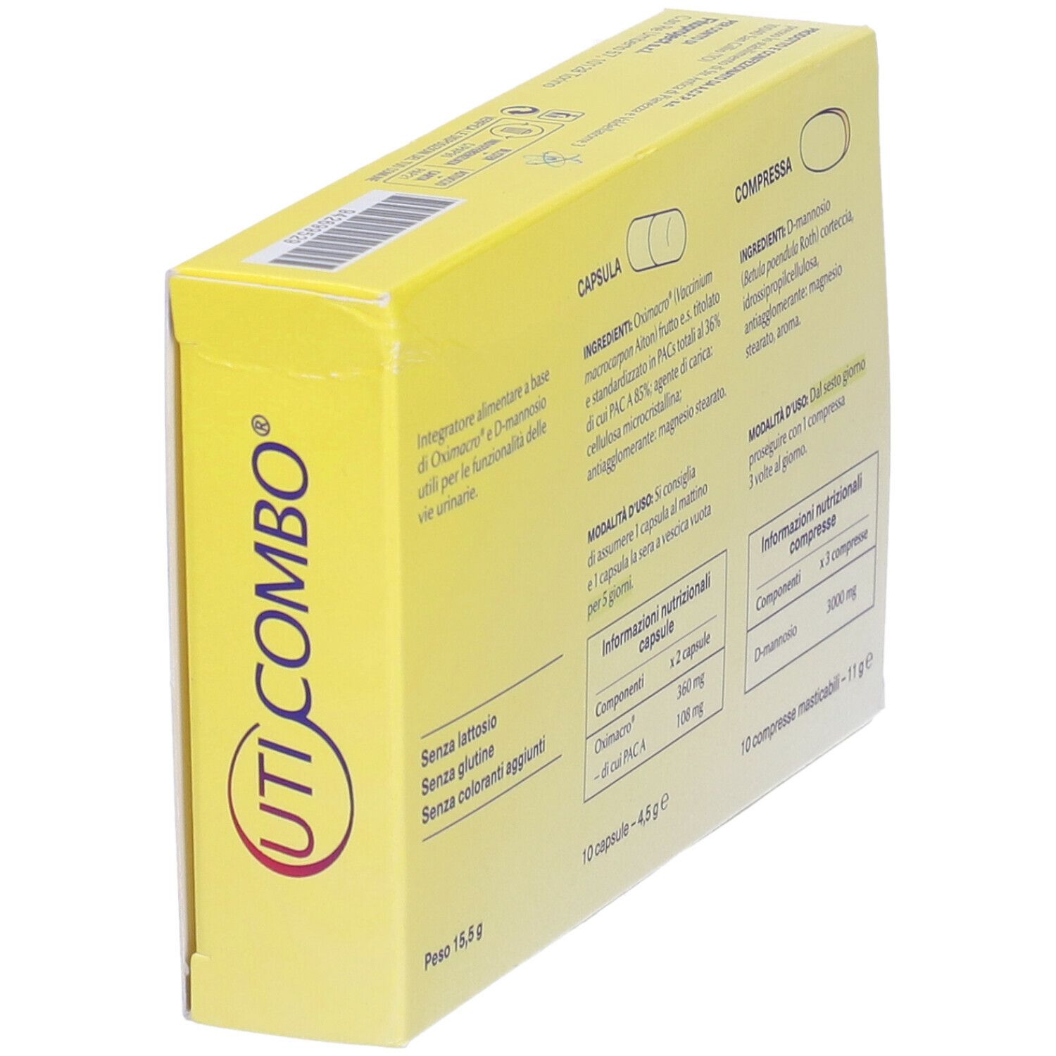 Boîte UTICOMBO jaune. Contient des informations sur les ingrédients et l'utilisation. Sans lactose, sans gluten.